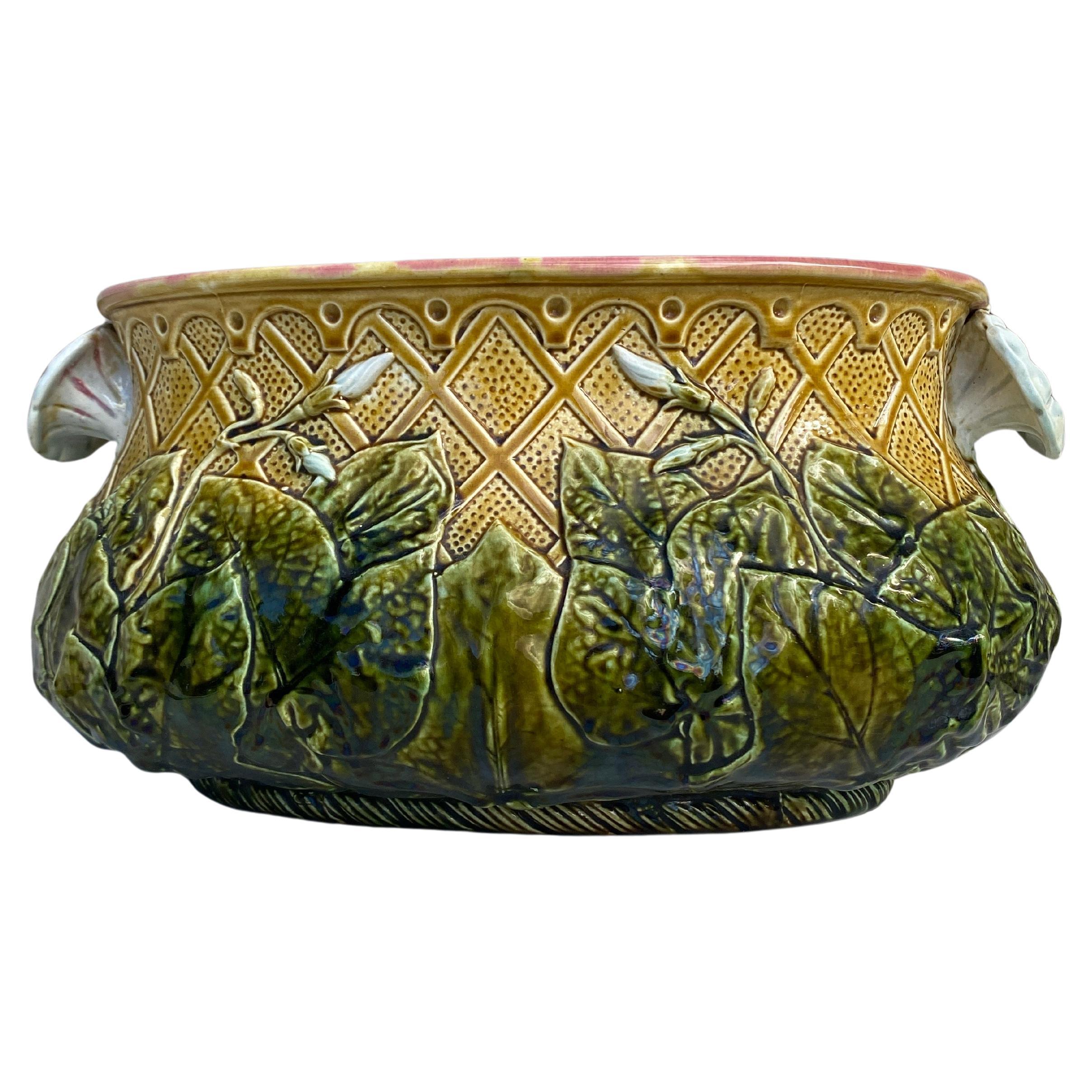 Large French Majolica Morning Glory Jardinière, circa 1880 For Sale