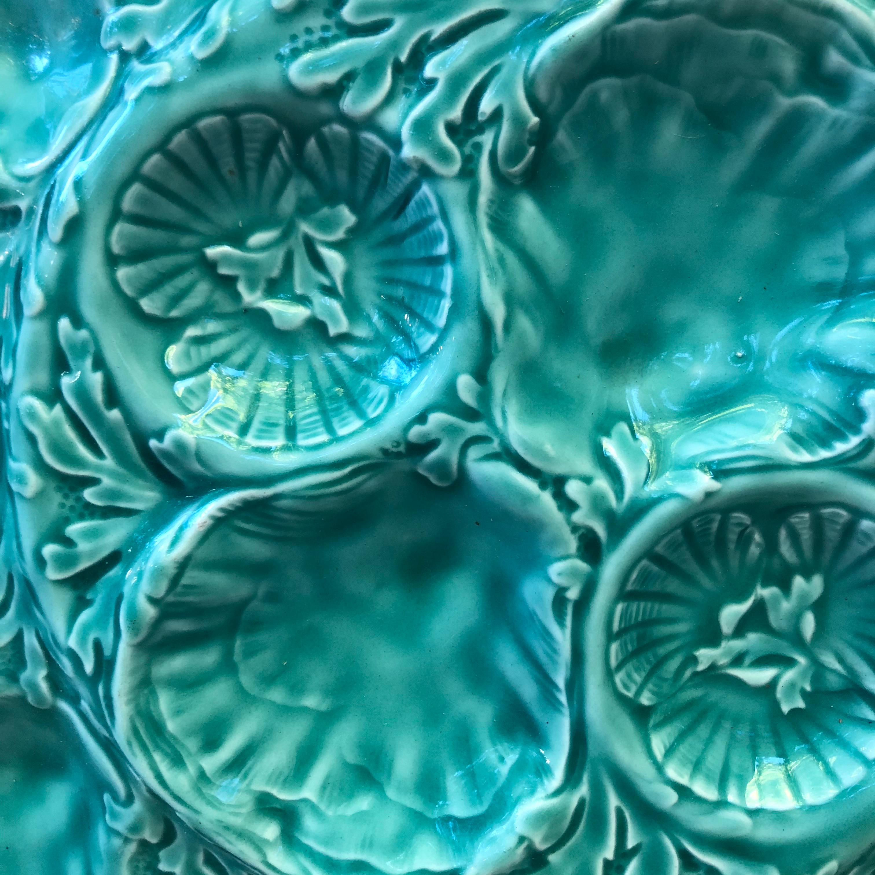 Large aqua turquoise French Majolica oyster platter signed Gien, circa 1950.