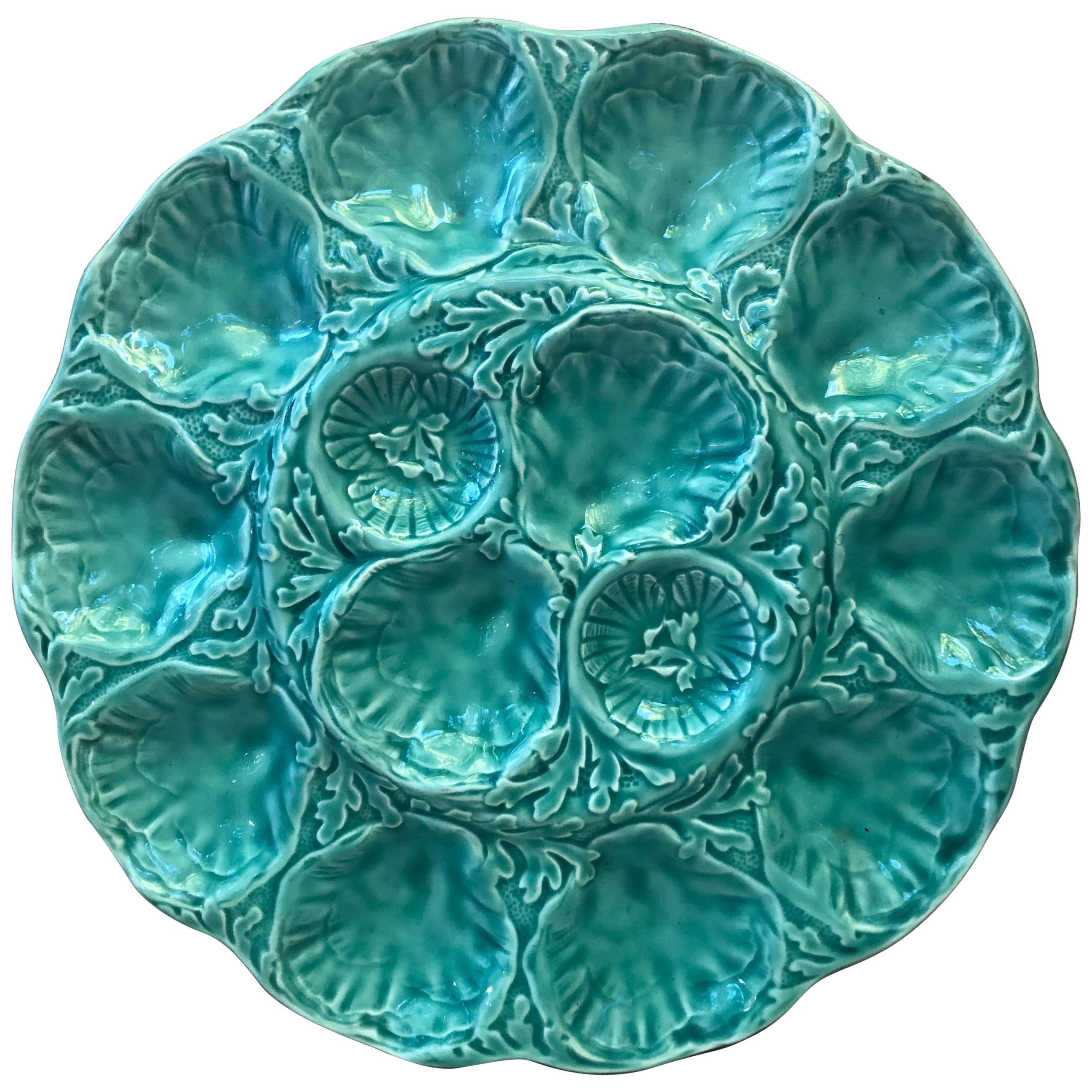 Large French Majolica Oyster Platter Gien, circa 1950