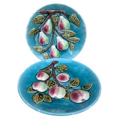 Large French Majolica Pair of Apples & Pears Platters Orchies Circa 1930