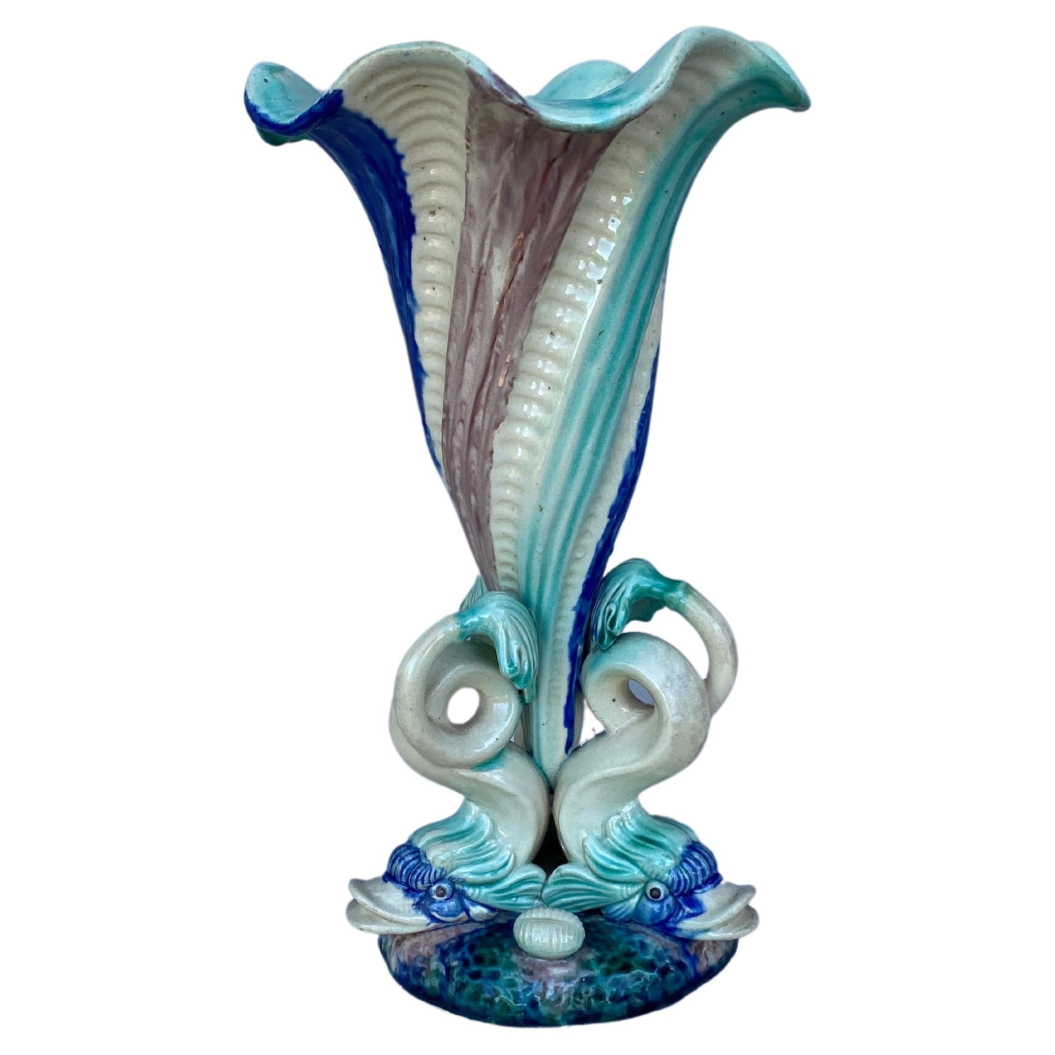 Large French Majolica Palissy Fishs Vase Saint Honore Circa 1880 For Sale