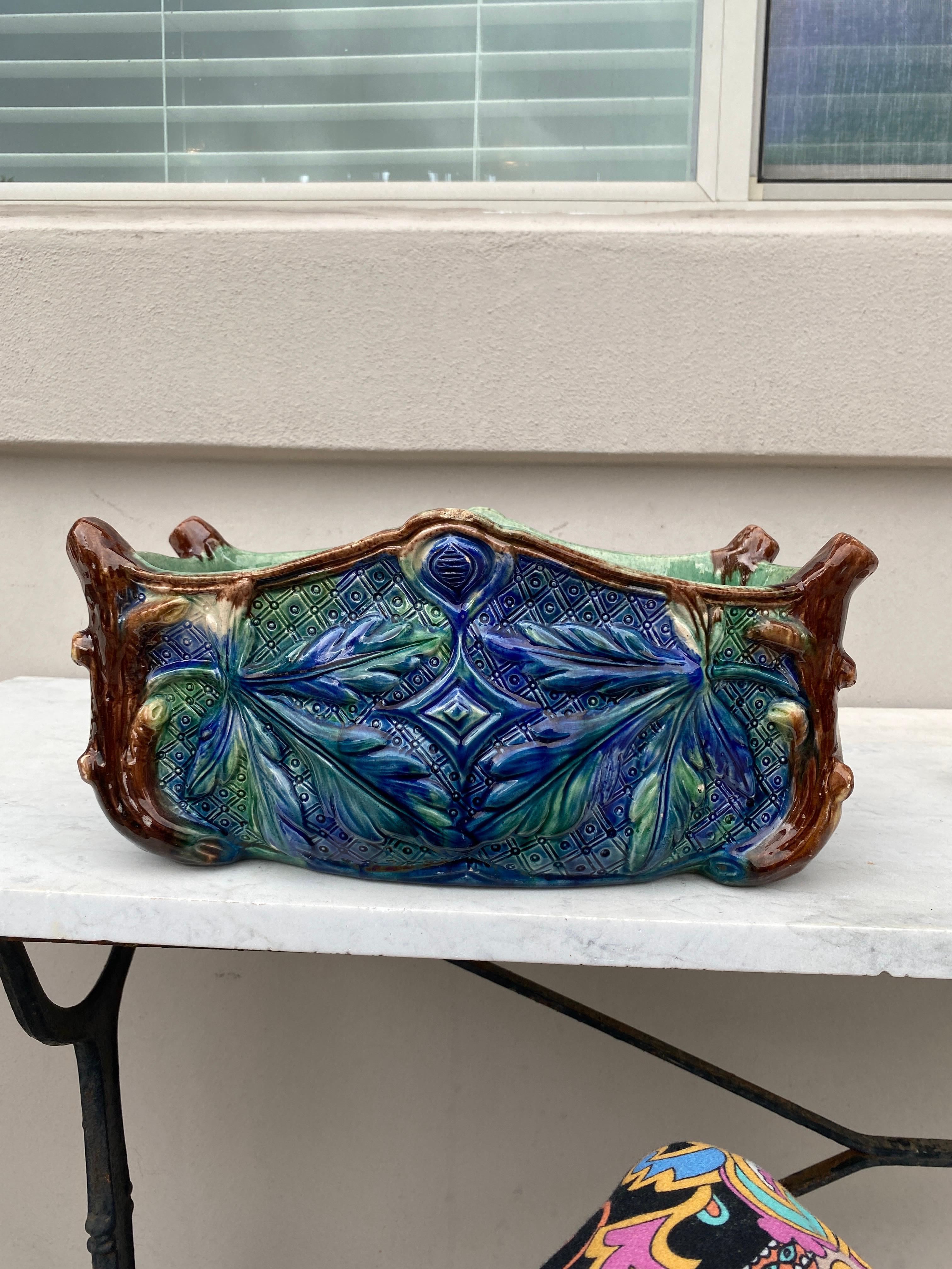Late 19th Century Large French Majolica Palissy Jardiniere Circa 1880 For Sale