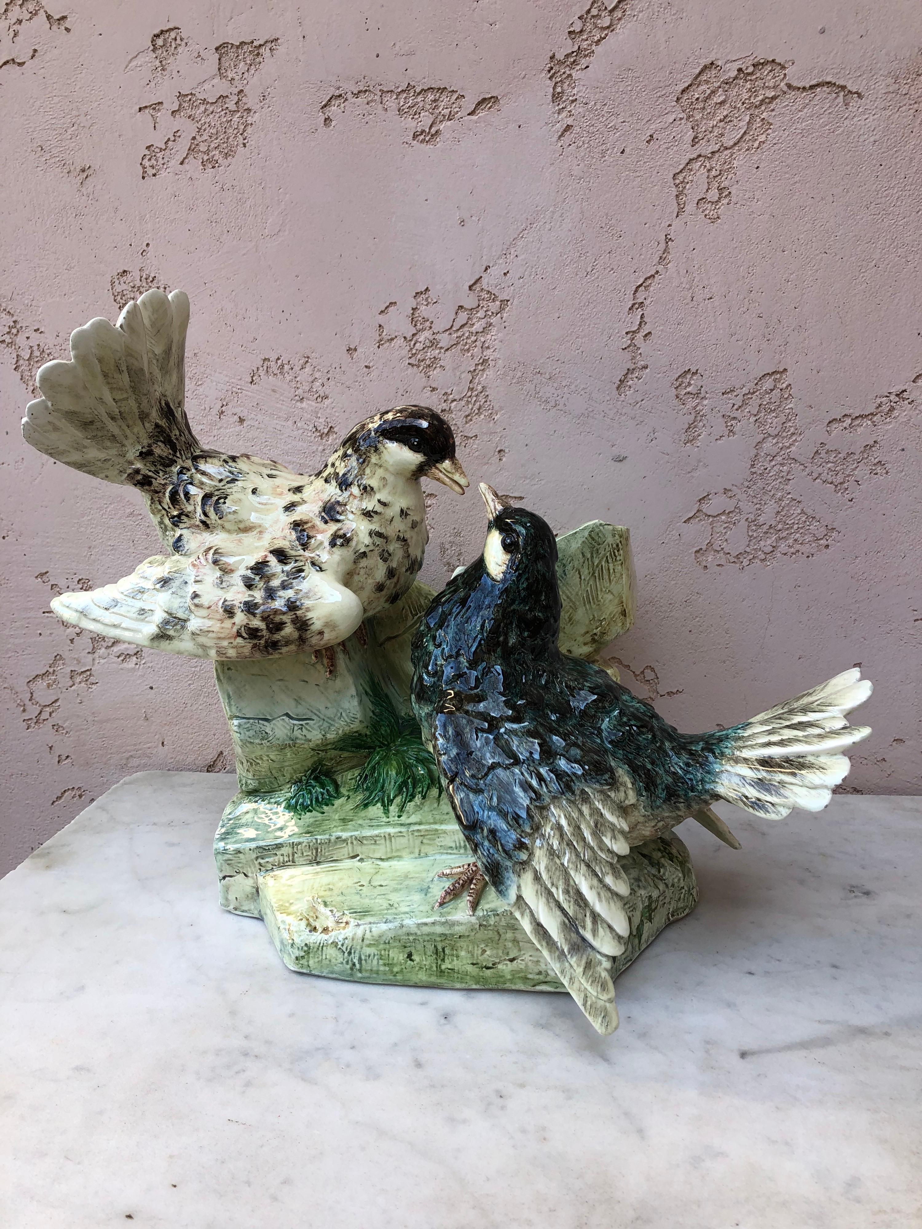 Large French Majolica Pigeons or doves Jardiniere signed Delphin Massier circa 1890.