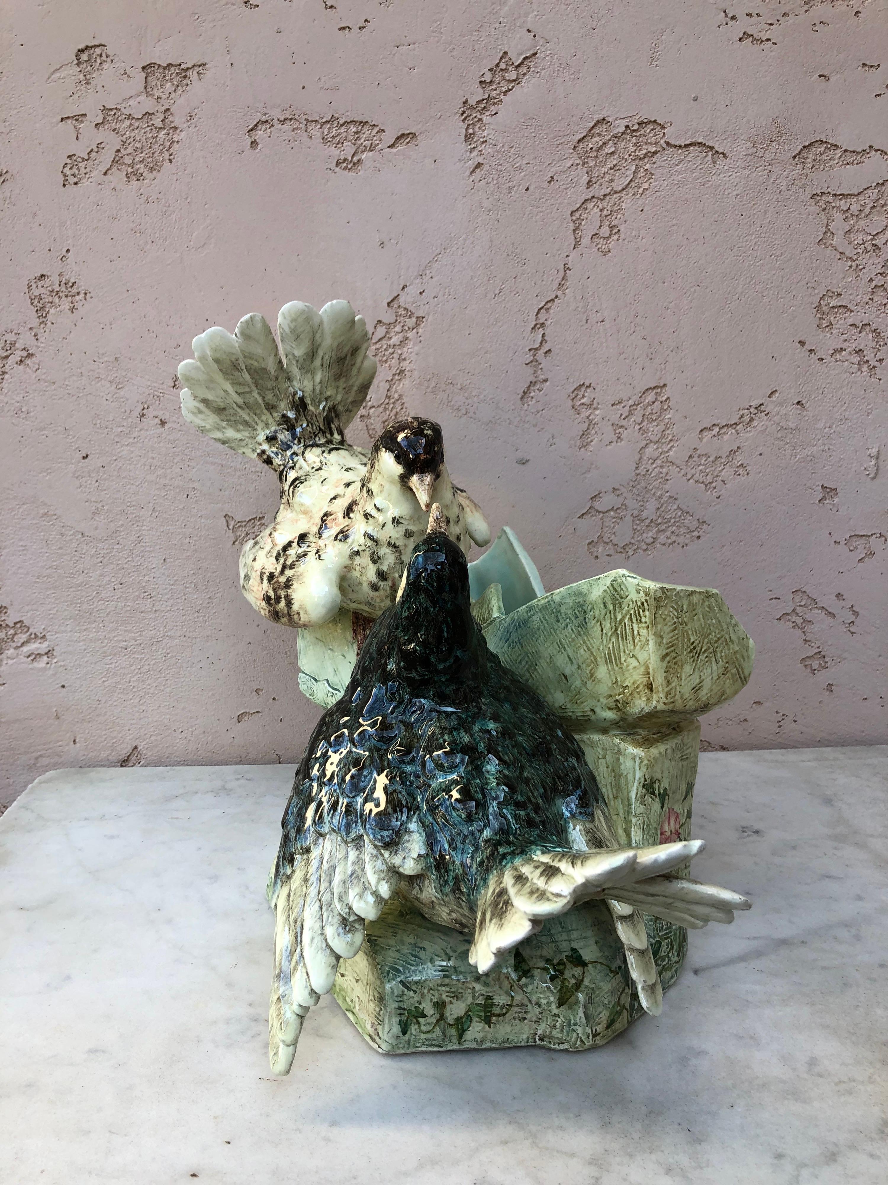 Rustic Large French Majolica Pigeons or Doves Jardiniere Delphin Massier circa 1890