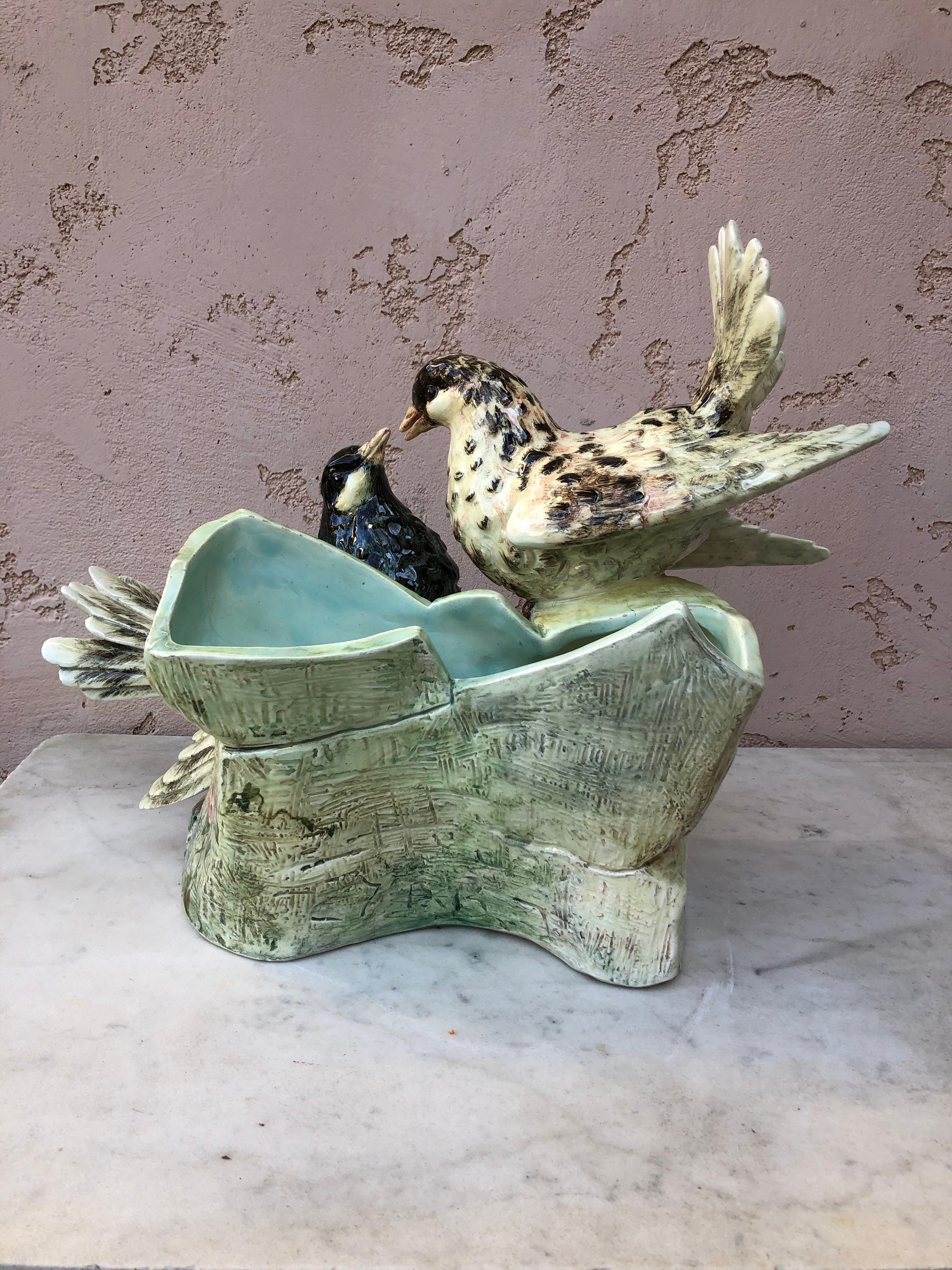 Late 19th Century Large French Majolica Pigeons or Doves Jardiniere Delphin Massier circa 1890