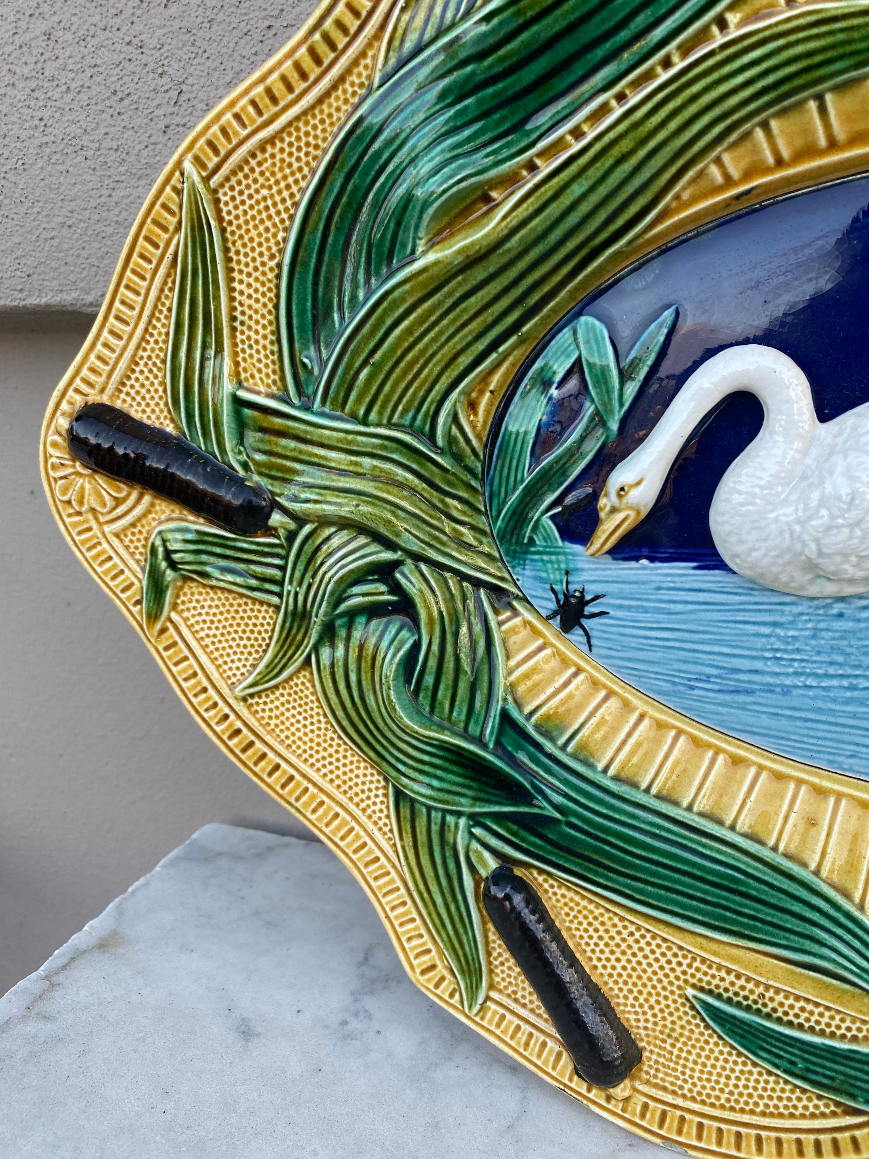 Large French Majolica platter swans in a pond, circa 1890.