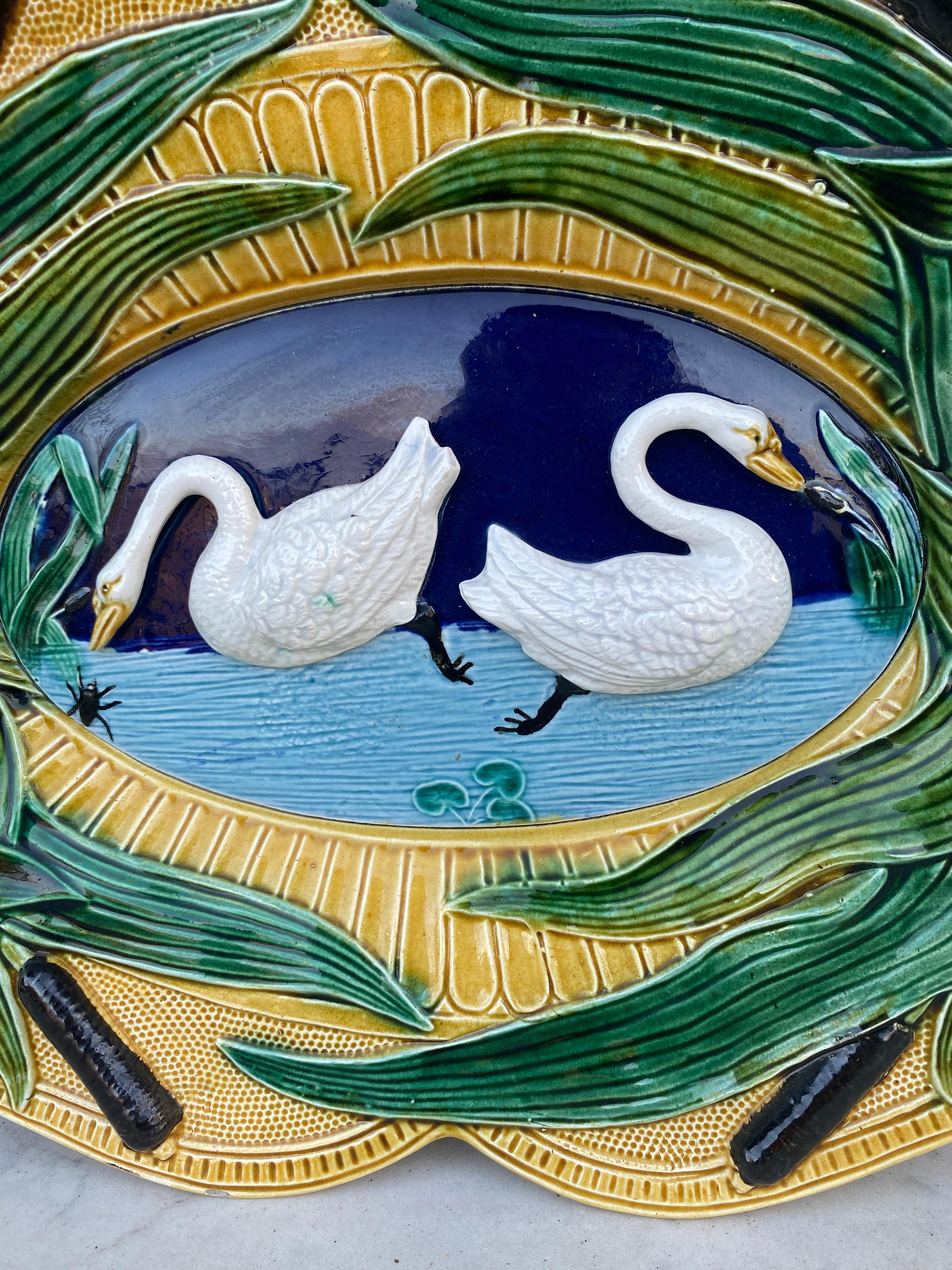 Rustic Large French Majolica Platter Swan, circa 1890 For Sale