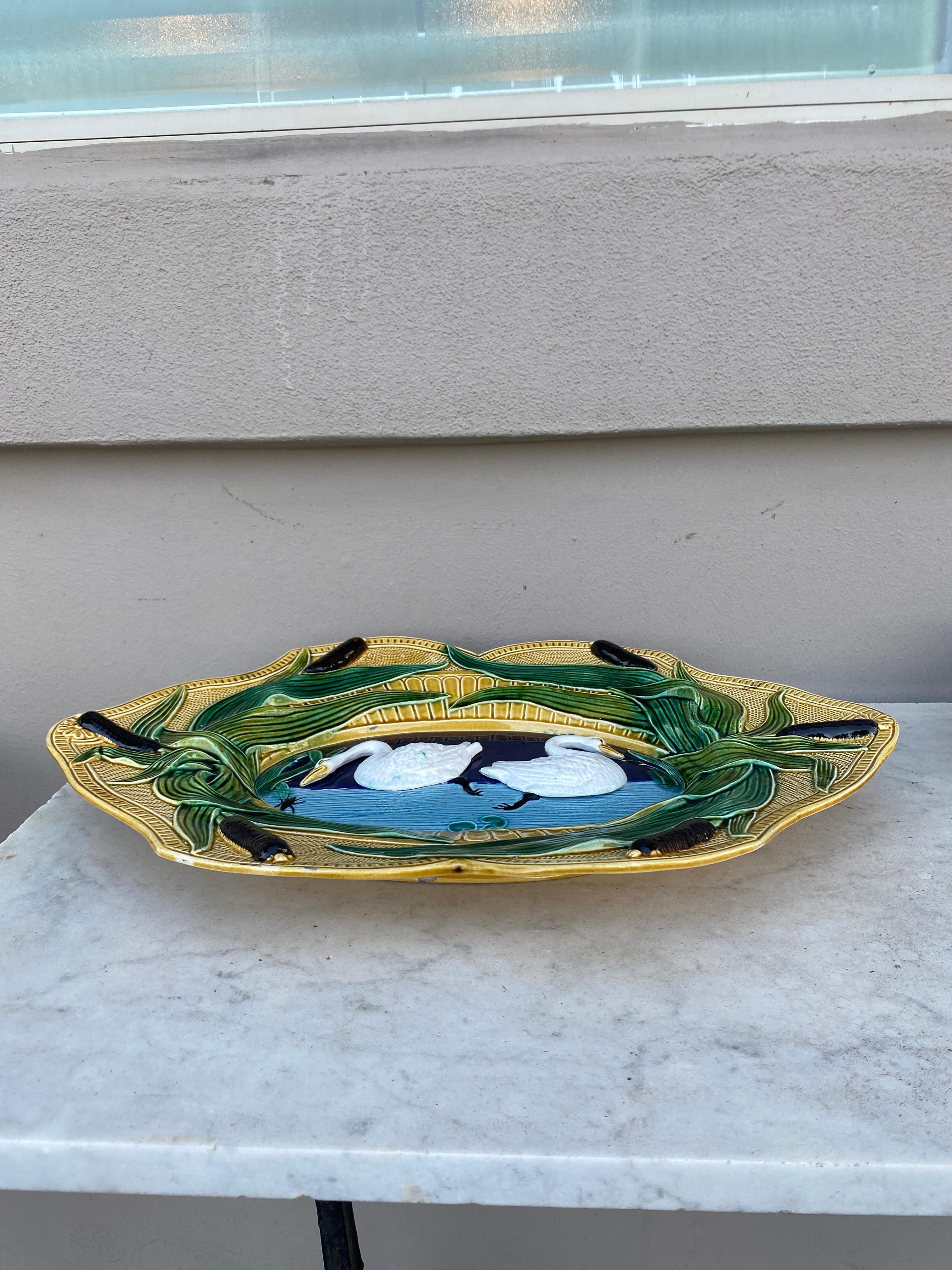 Late 19th Century Large French Majolica Platter Swan, circa 1890 For Sale