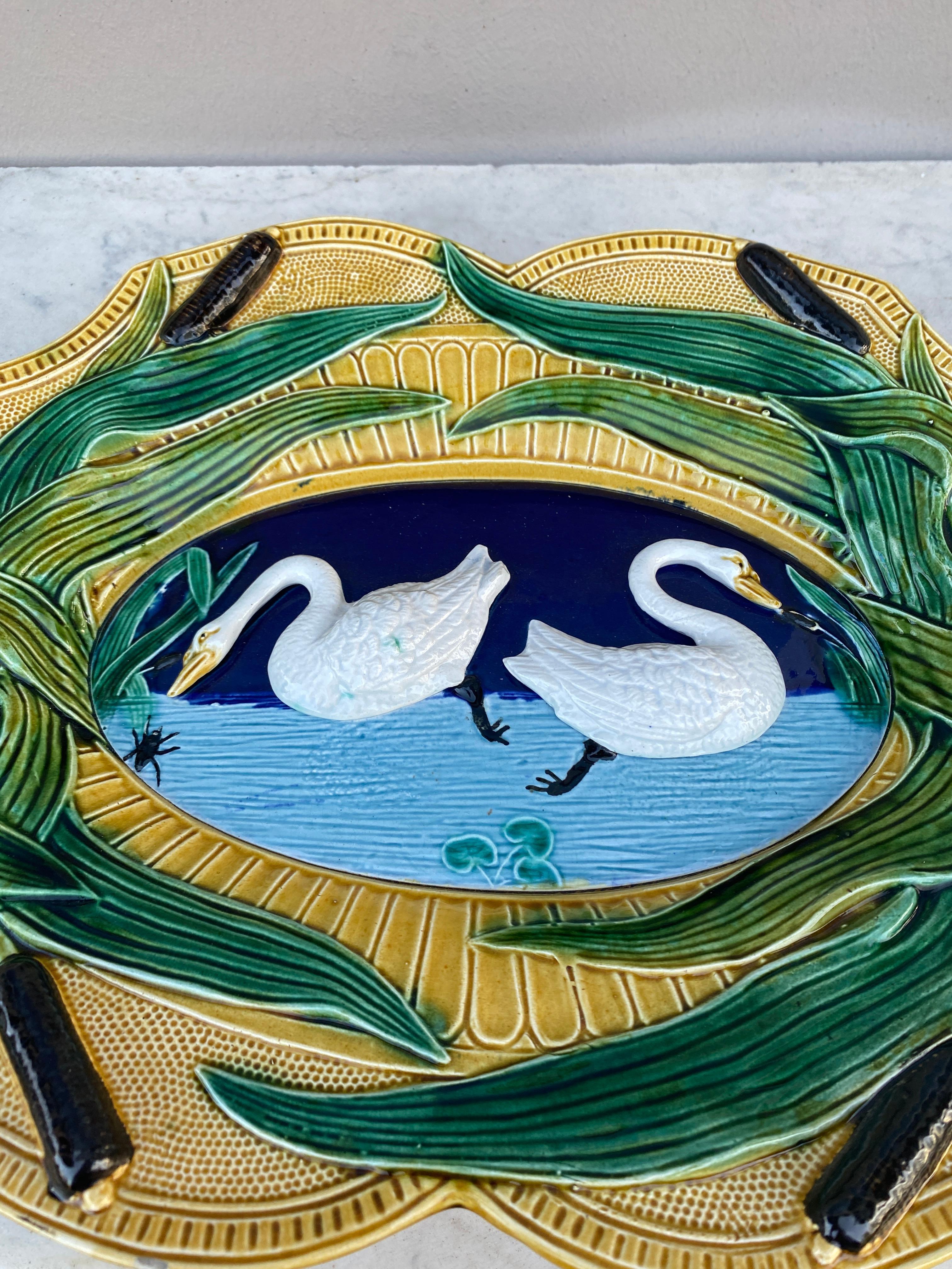 Large French Majolica Platter Swan, circa 1890 For Sale 1