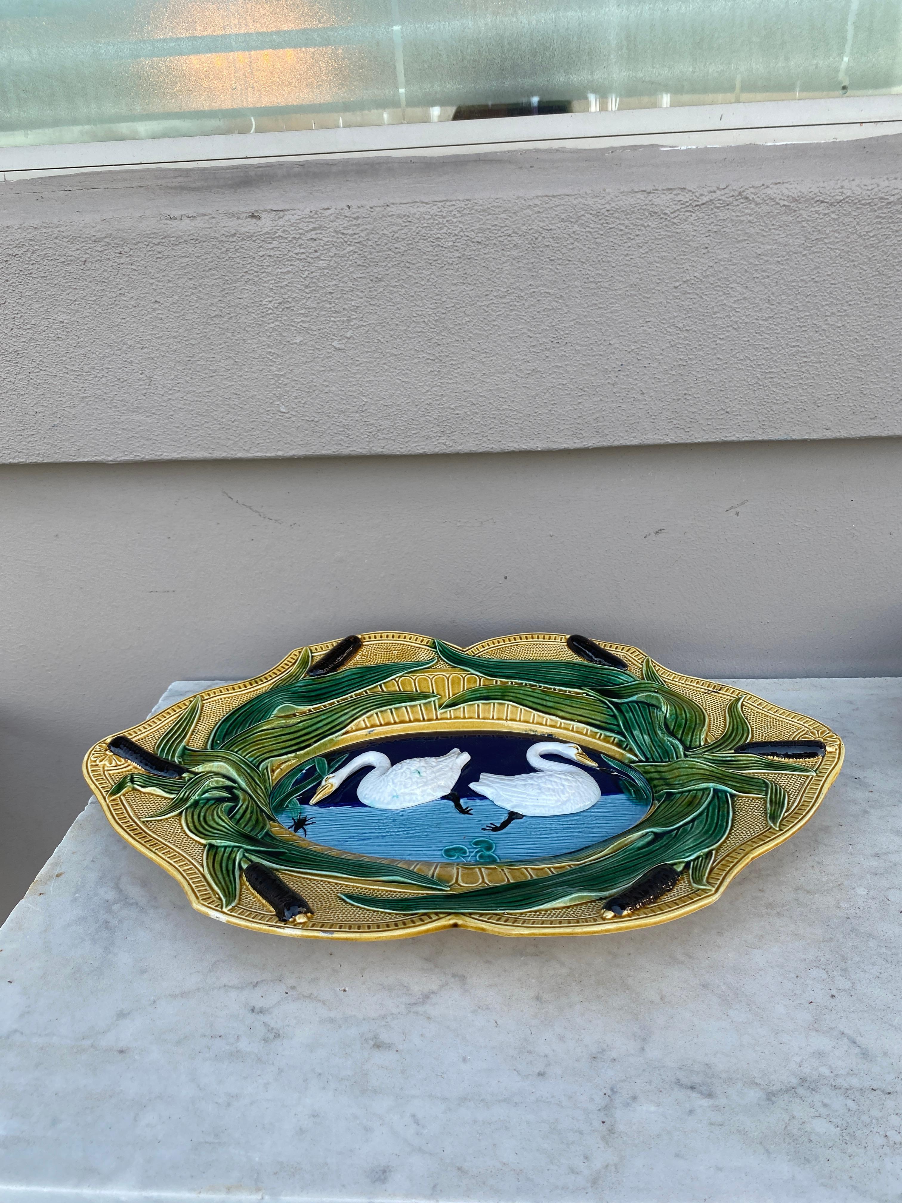 Large French Majolica Platter Swan, circa 1890 For Sale 2