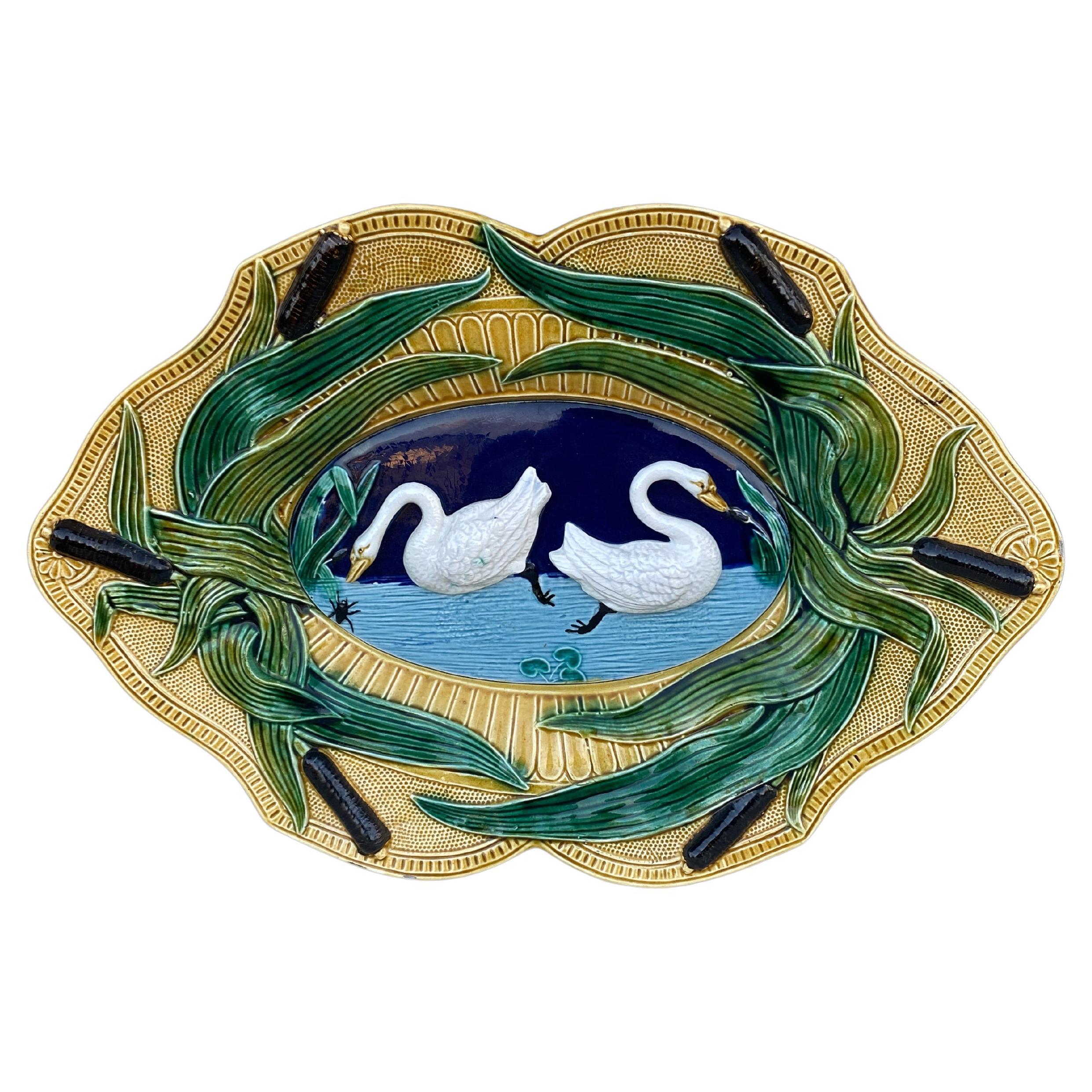 Large French Majolica Platter Swan, circa 1890