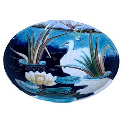 Large French Majolica Platter Swan Orchies, Circa 1900