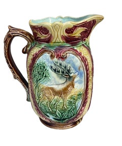 Large French Majolica Stag & Doe Pitcher Orchies, circa 1890