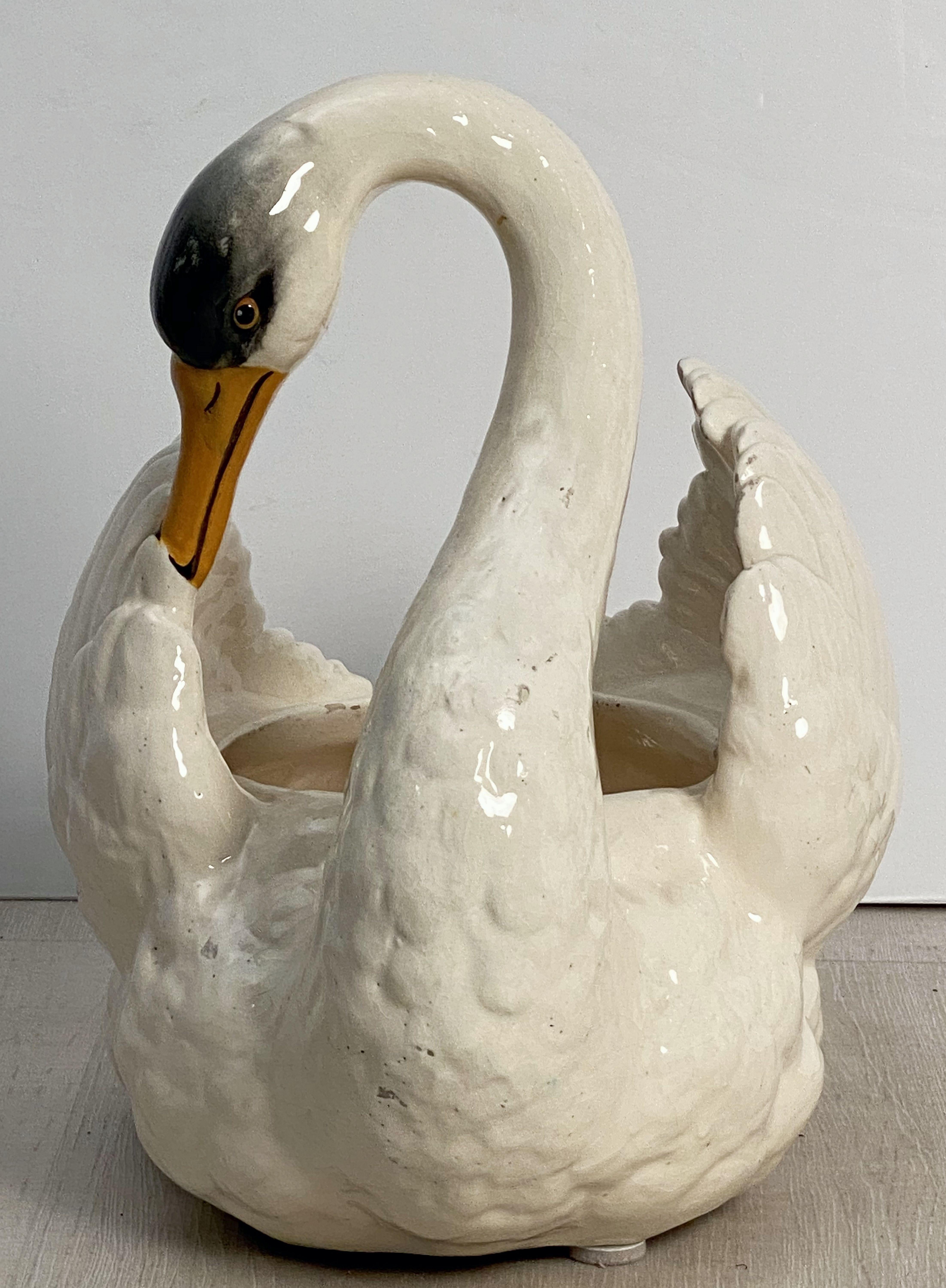 Large French Majolica Swan Planter by Massier 2