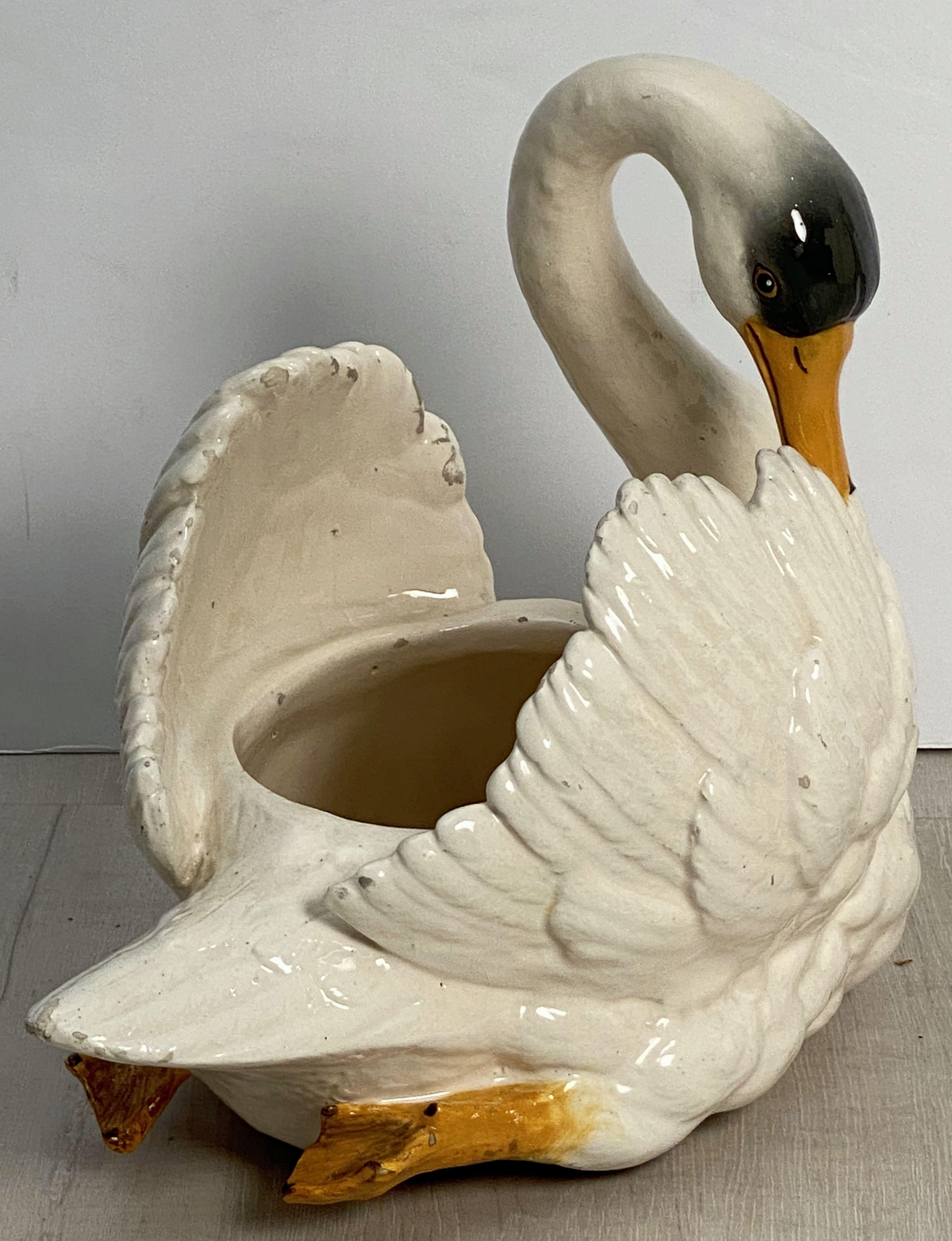 Large French Majolica Swan Planter by Massier 5