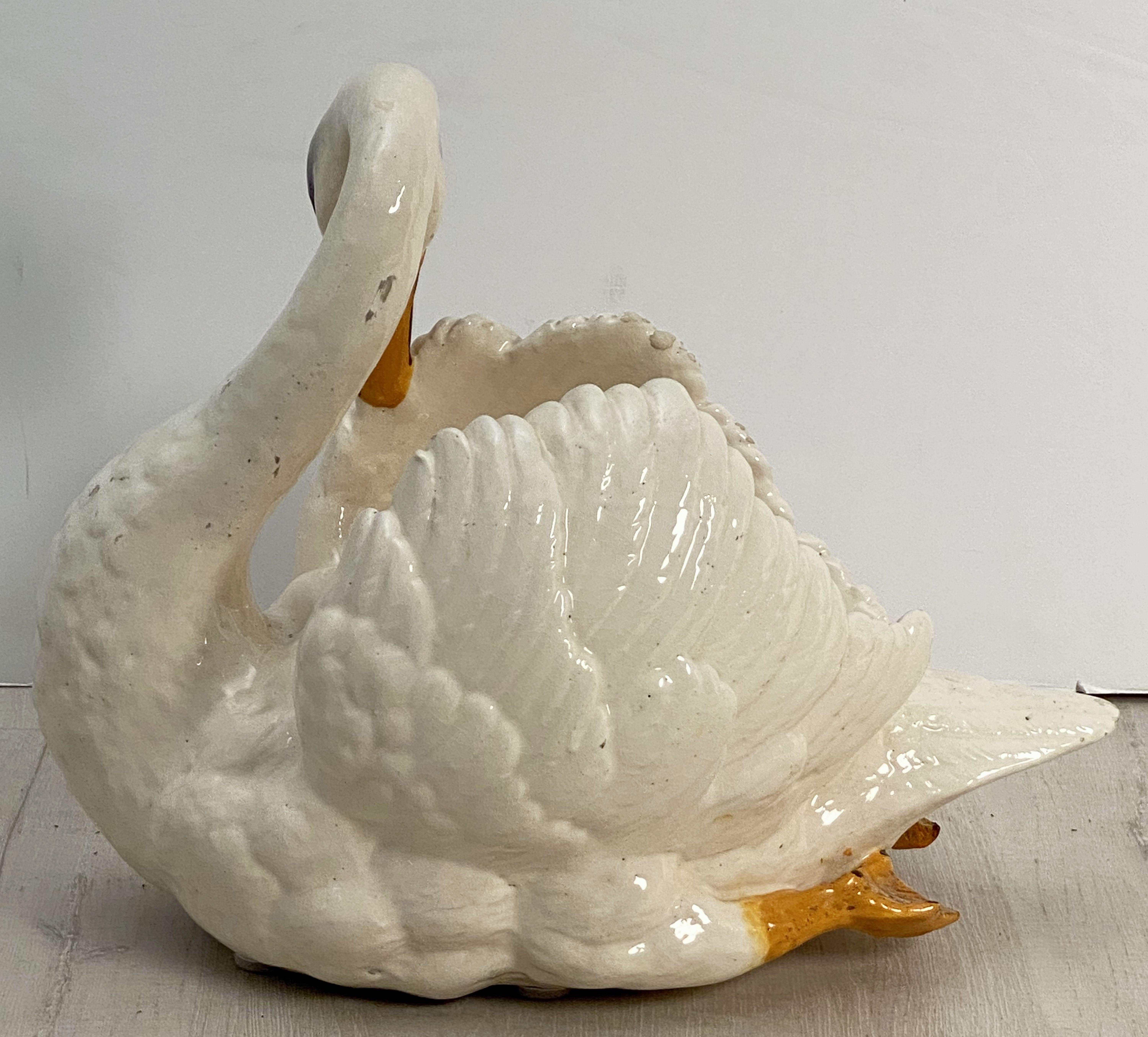 Large French Majolica Swan Planter by Massier 7