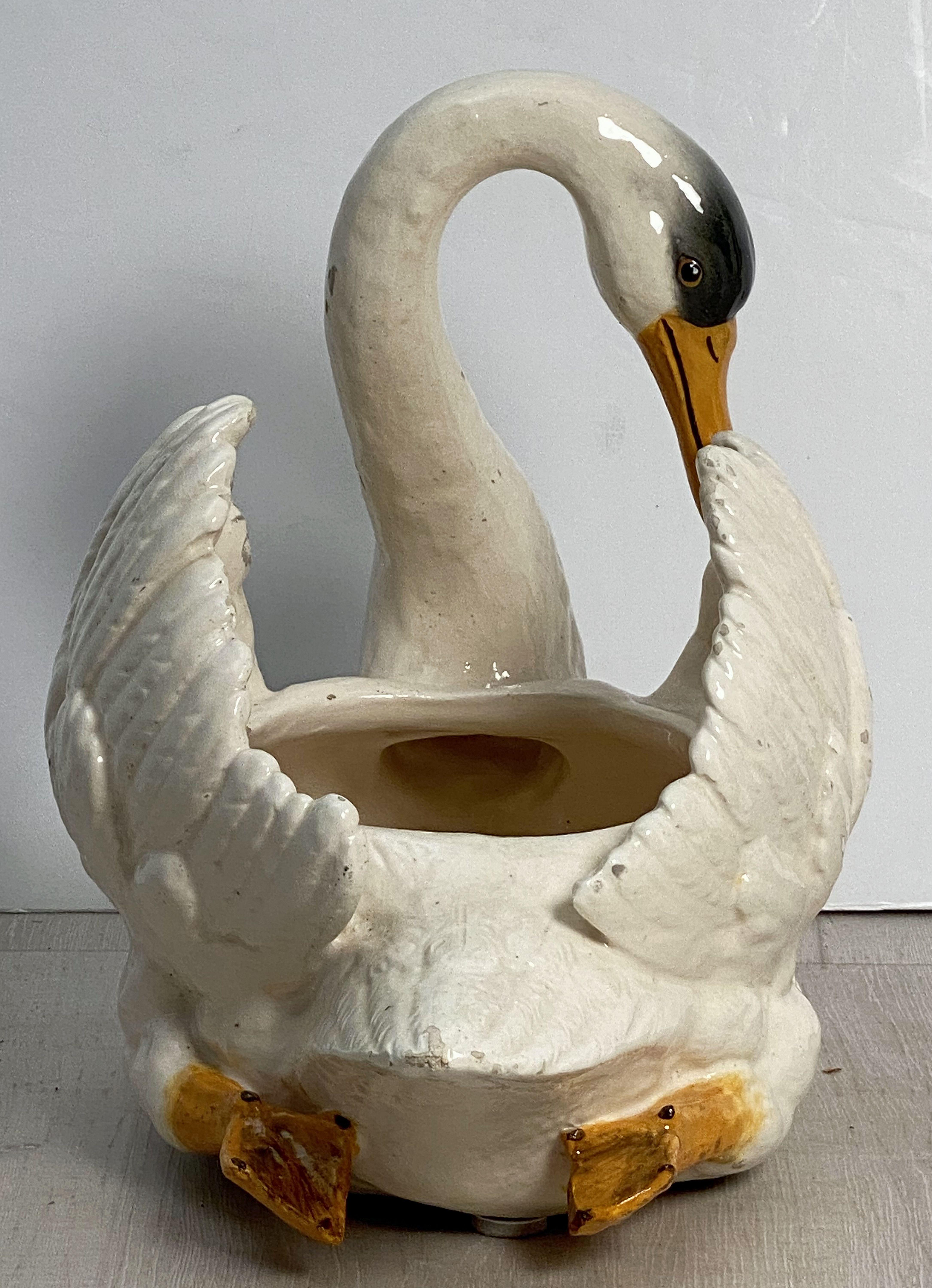Large French Majolica Swan Planter by Massier 10