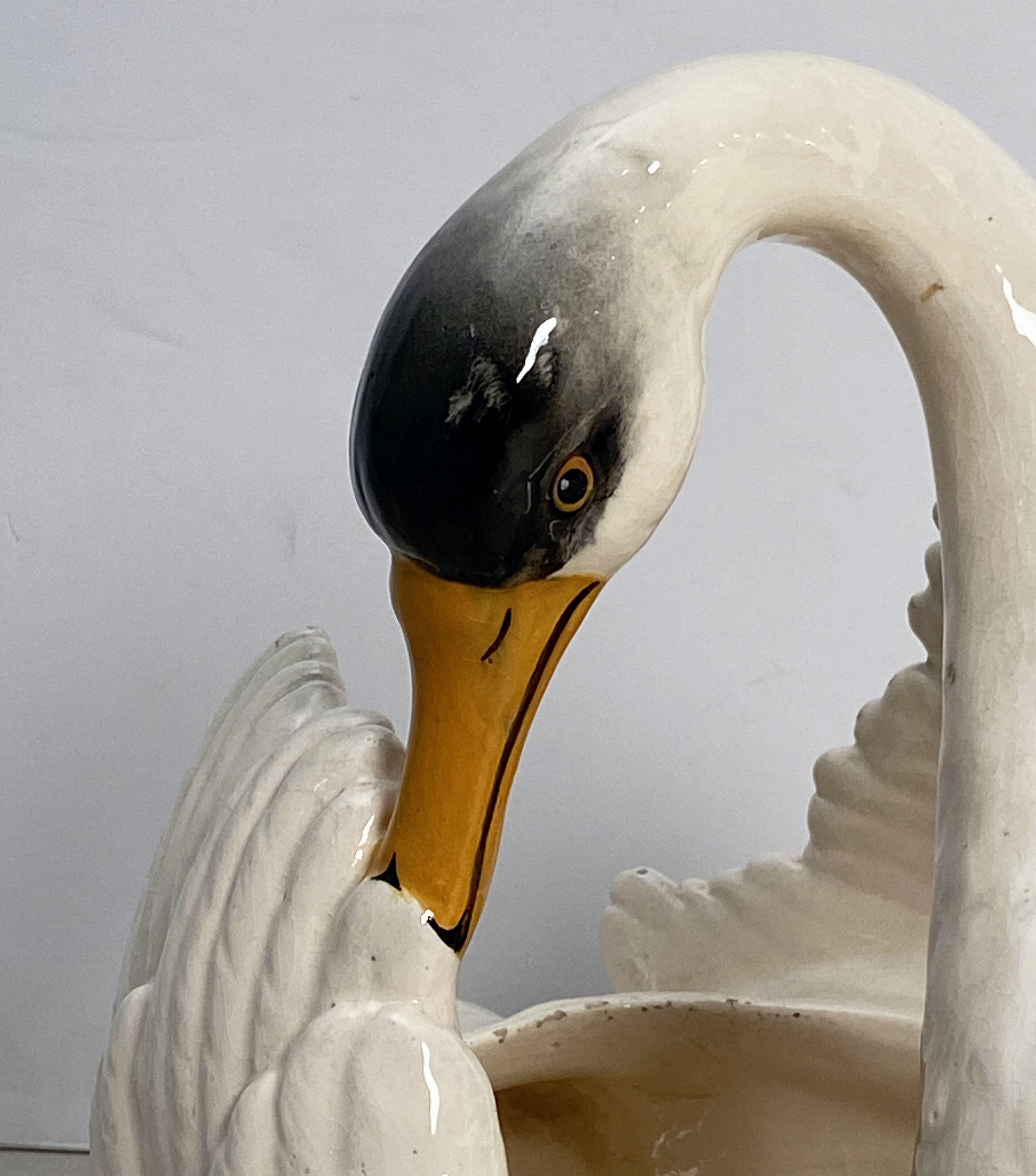 Glazed Large French Majolica Swan Planter by Massier