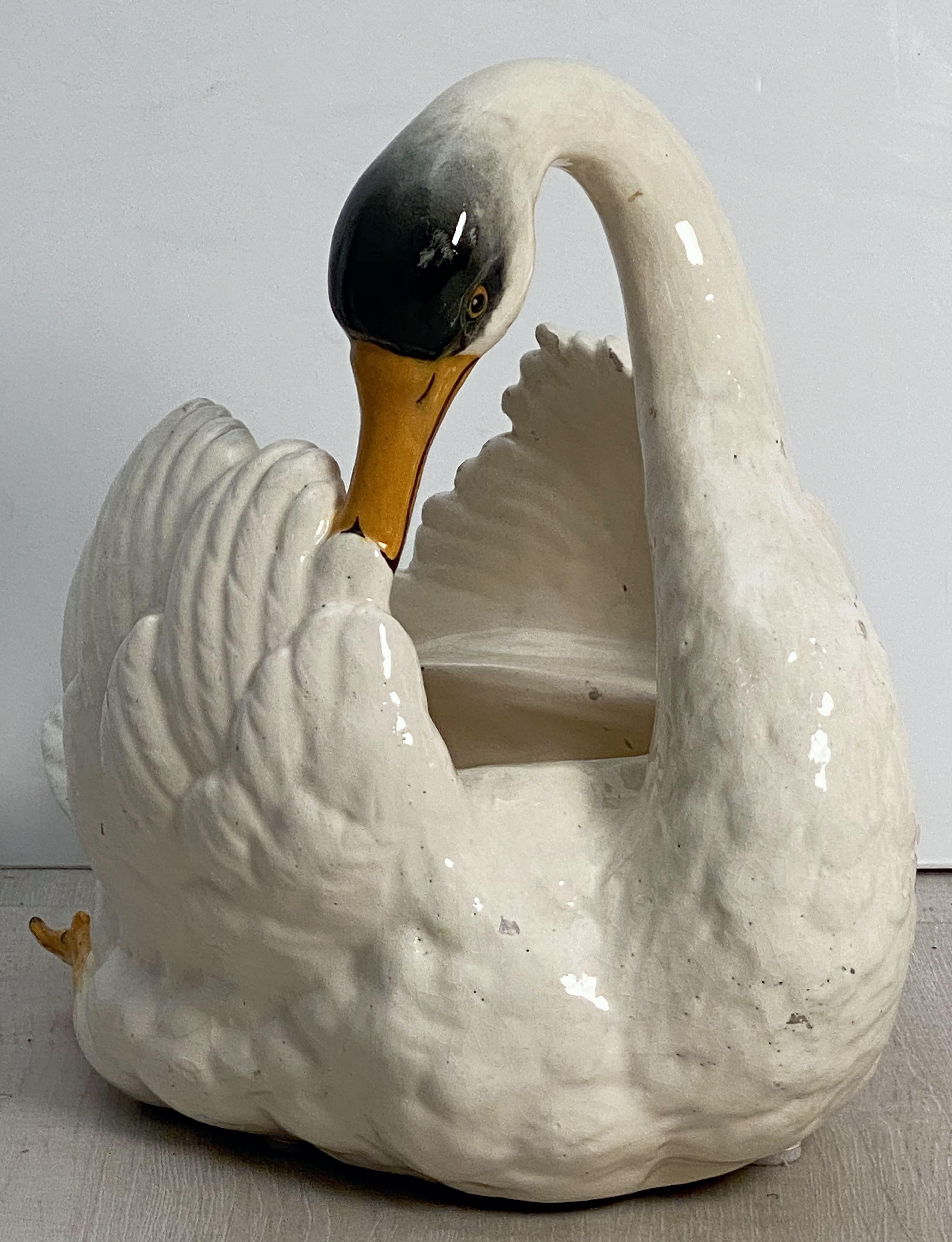 Ceramic Large French Majolica Swan Planter by Massier