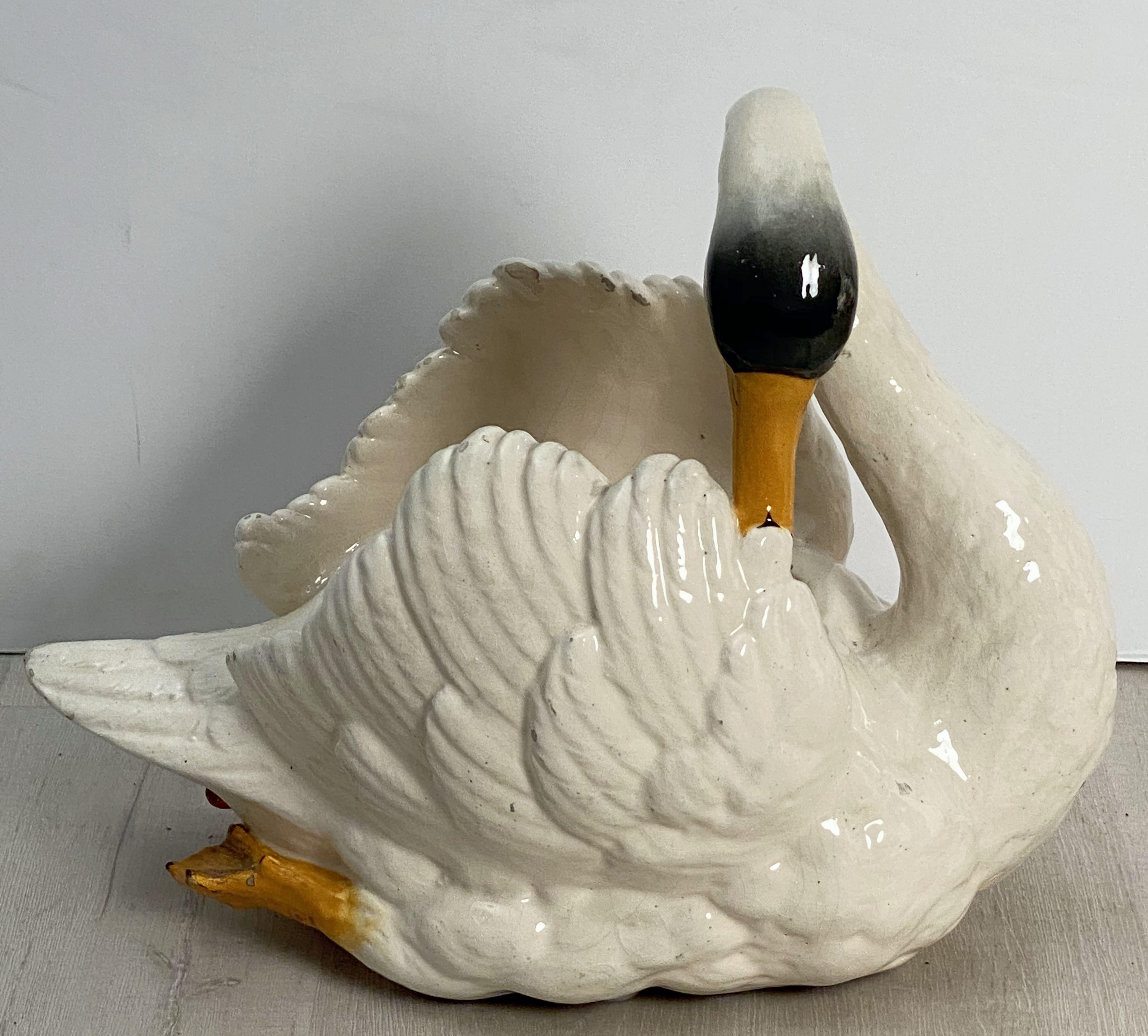 Large French Majolica Swan Planter by Massier 1