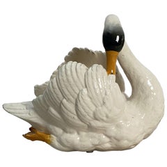 Antique Large French Majolica Swan Planter by Massier