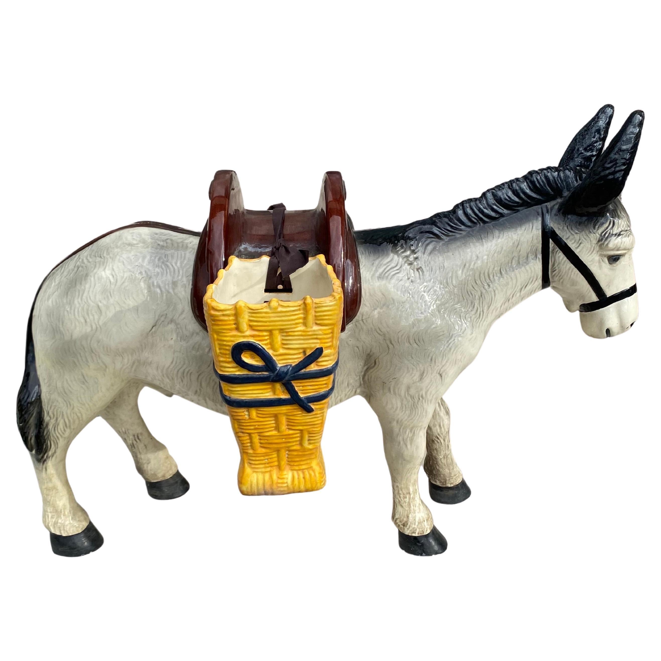 Large French Majolica Terracotta Donkey with Baskets, Circa 1930 For Sale