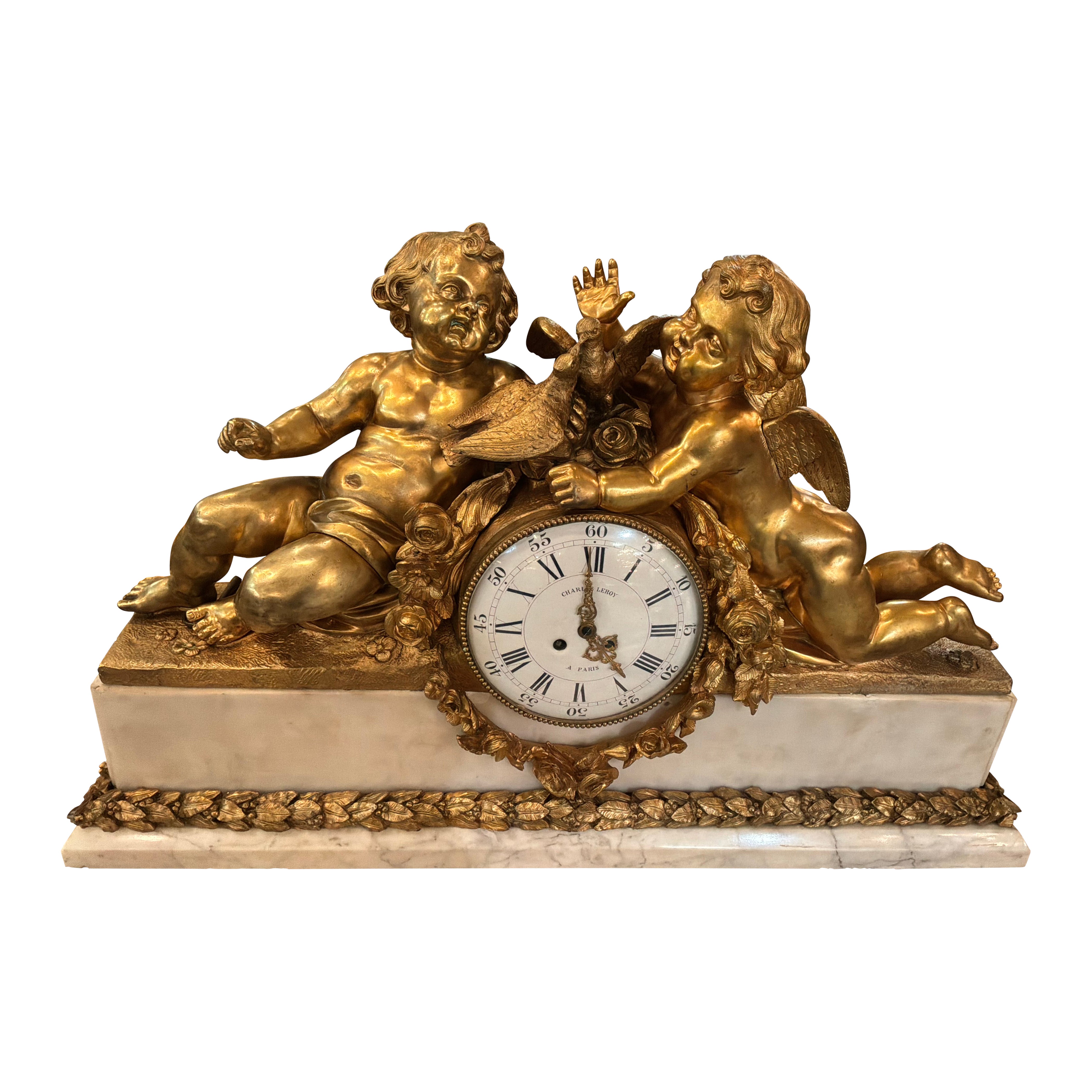 Large French marble and bronze mantel clock, angels and doves by Charles Leroy