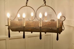 Rustic French Medieval Chandelier, Hand-Forged Iron & Walnut, 1960