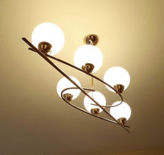 French Mid Century Pendant Light,  Lunel, Glass Brass, Stllnovo Style, 60s