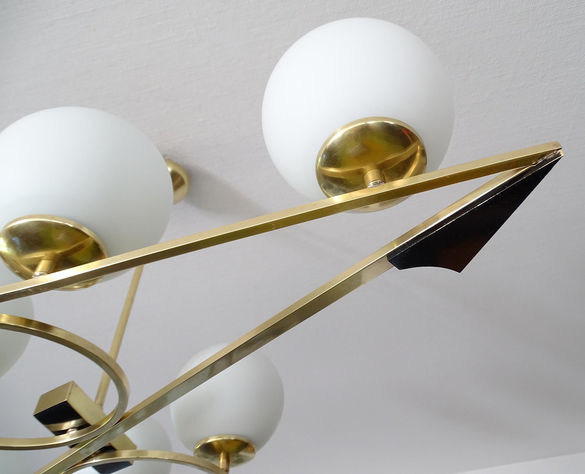   French Mid Century  Pendant Light, Arlus France, Stilnovo Style, Brass Glass For Sale 10