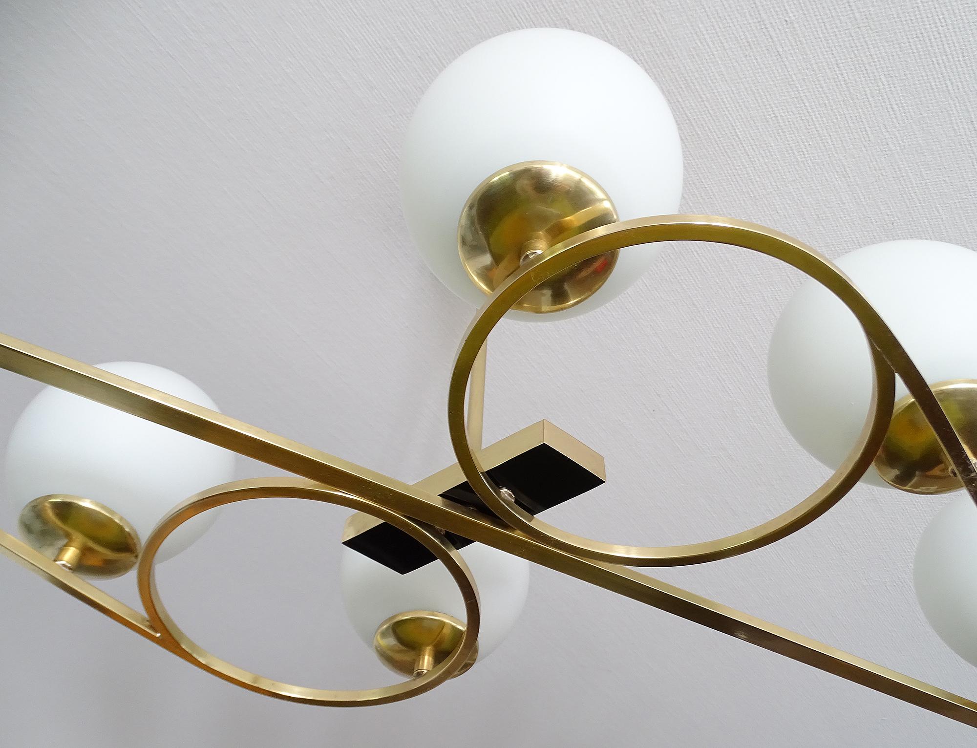   French Mid Century  Pendant Light, Arlus France, Stilnovo Style, Brass Glass For Sale 12