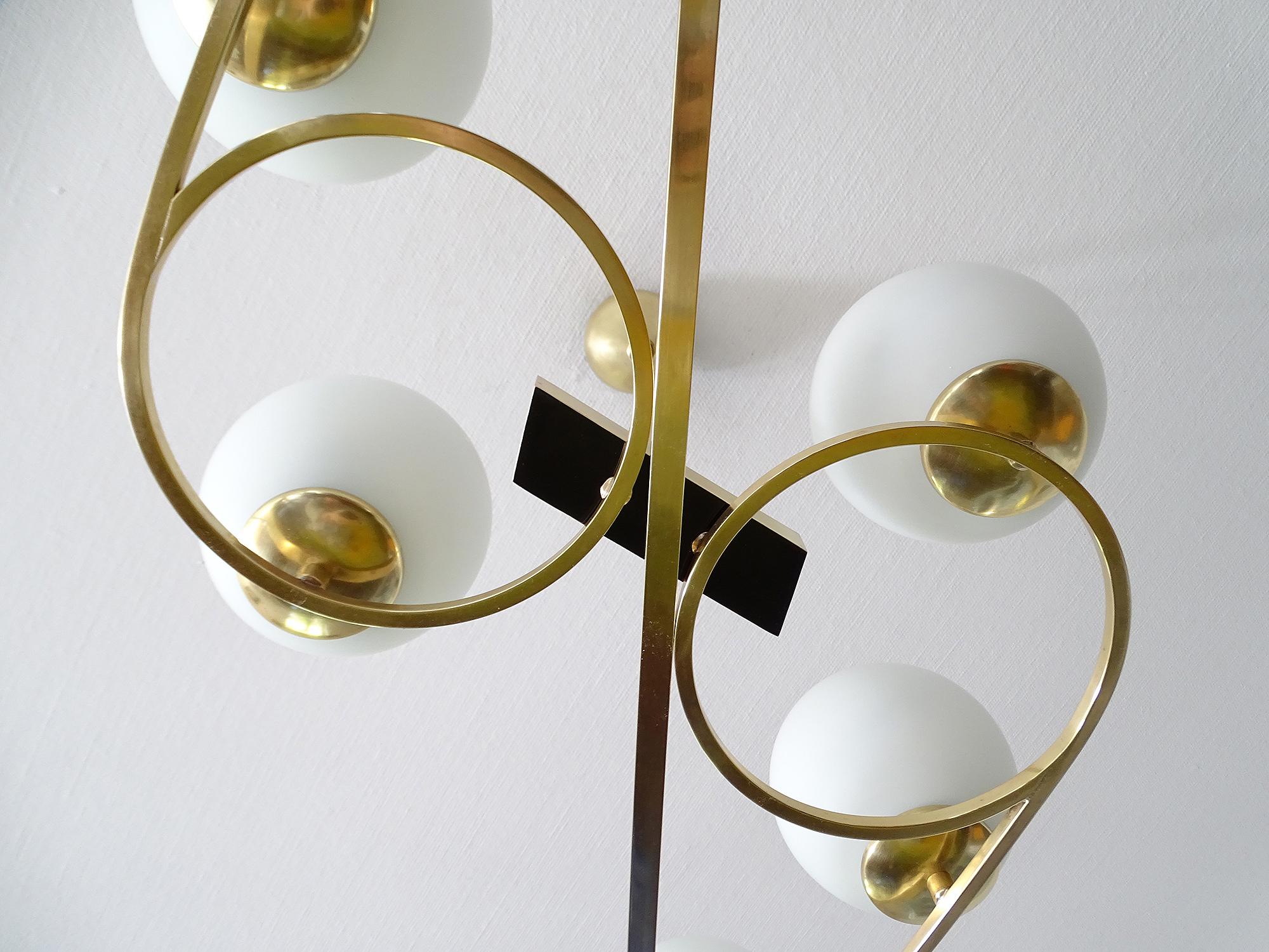   French Mid Century  Pendant Light, Arlus France, Stilnovo Style, Brass Glass For Sale 13