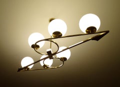 French Mid Century  Pendant Light, Arlus France, Stilnovo Style, Brass Glass