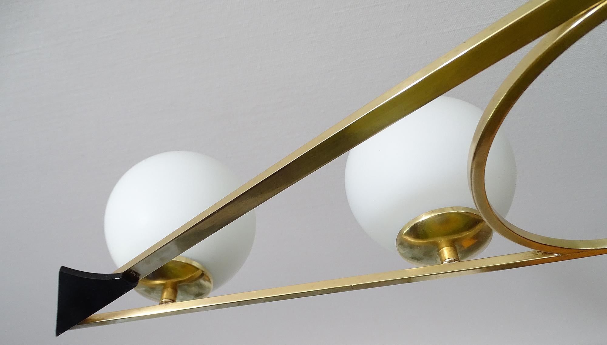   French Mid Century  Pendant Light, Arlus France, Stilnovo Style, Brass Glass For Sale 14