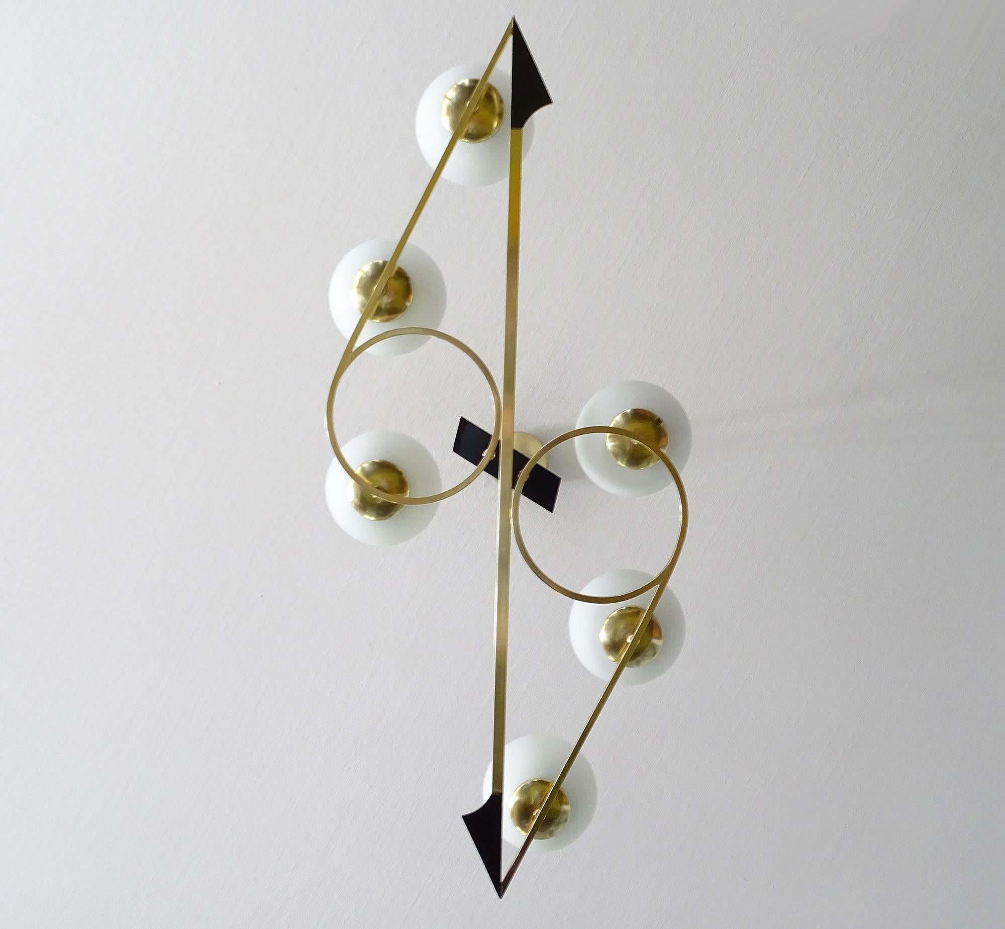 Mid-Century Modern   French Mid Century  Pendant Light, Arlus France, Stilnovo Style, Brass Glass For Sale
