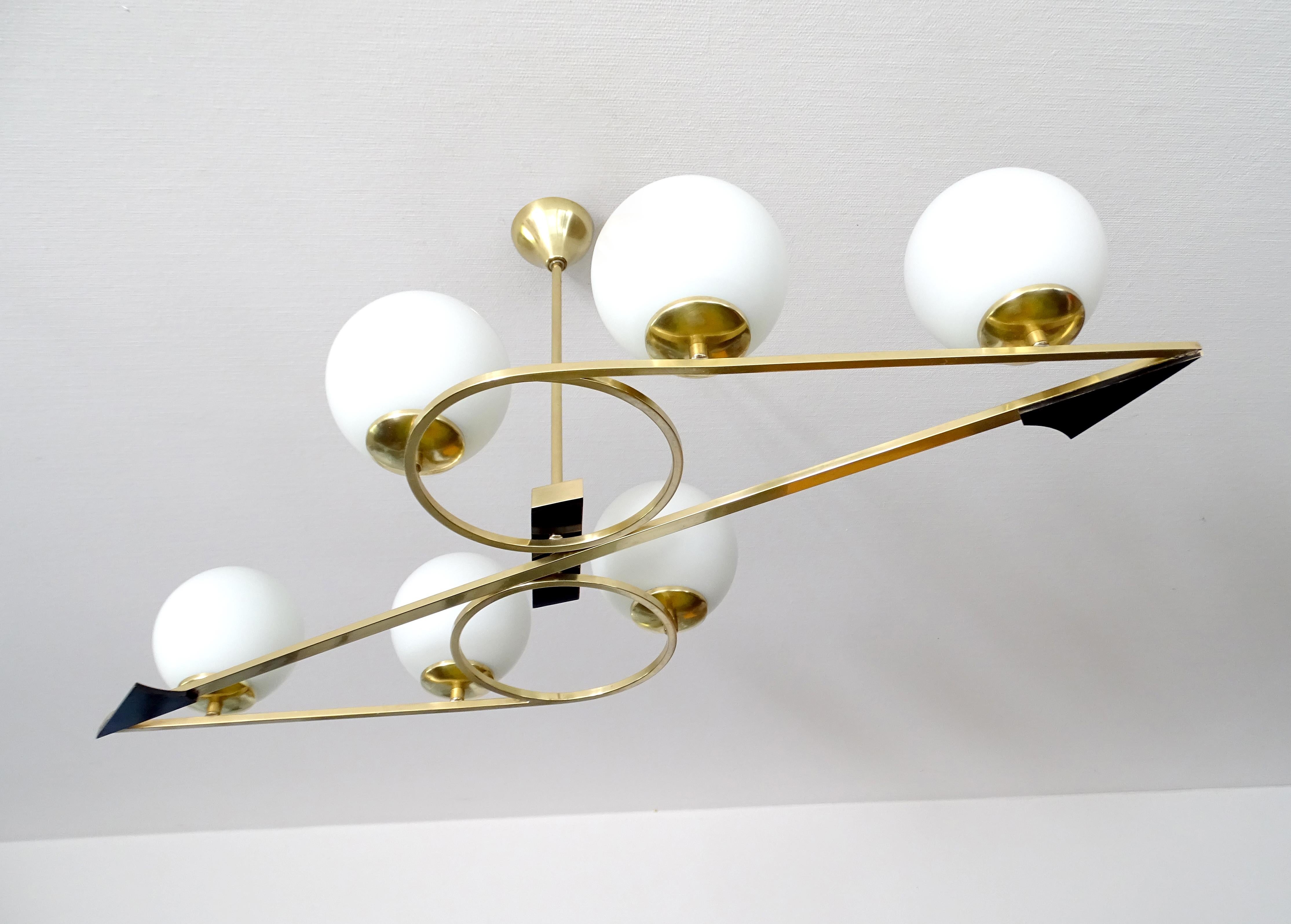 Mid-20th Century   French Mid Century  Pendant Light, Arlus France, Stilnovo Style, Brass Glass For Sale
