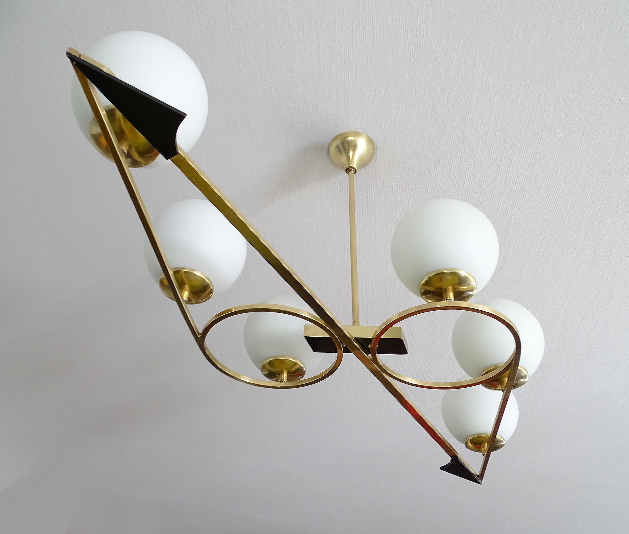   French Mid Century  Pendant Light, Arlus France, Stilnovo Style, Brass Glass For Sale 4