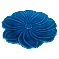 Large French Mid-Century Majolica Blue Flower Plate Charolles