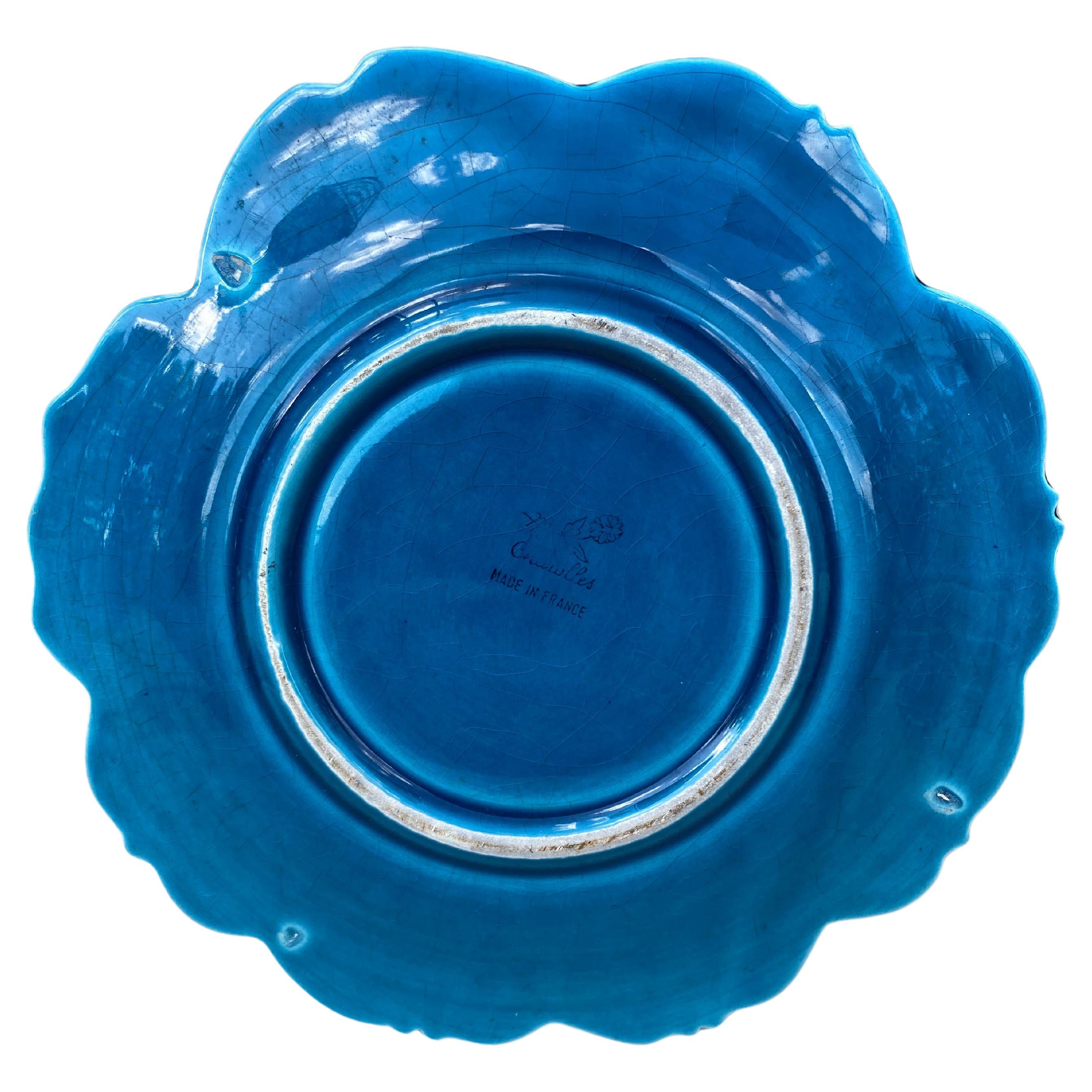 Mid-20th Century Large French Mid-Century Majolica Blue Flower Plate Charolles For Sale