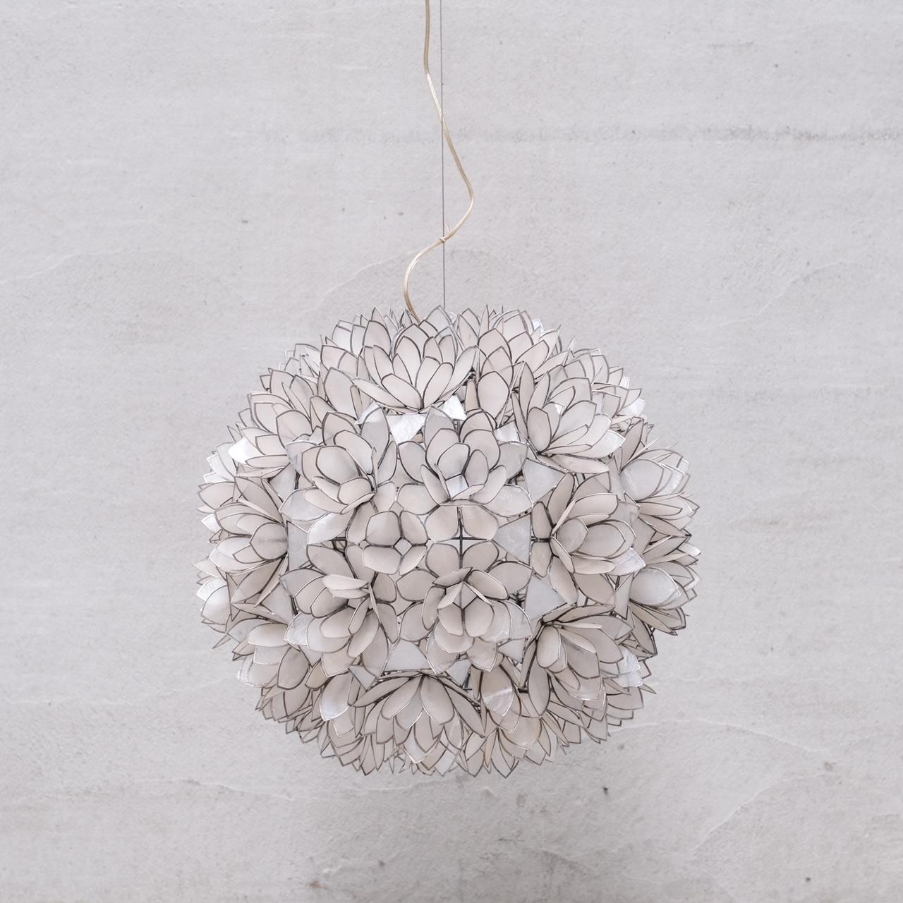 Large French Mid-Century Capiz Shell Pendant Light (2 available)  In Good Condition In London, GB
