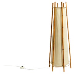 Large French Mid Century floor lamp by Louis Sognot made of bamboo and fabric