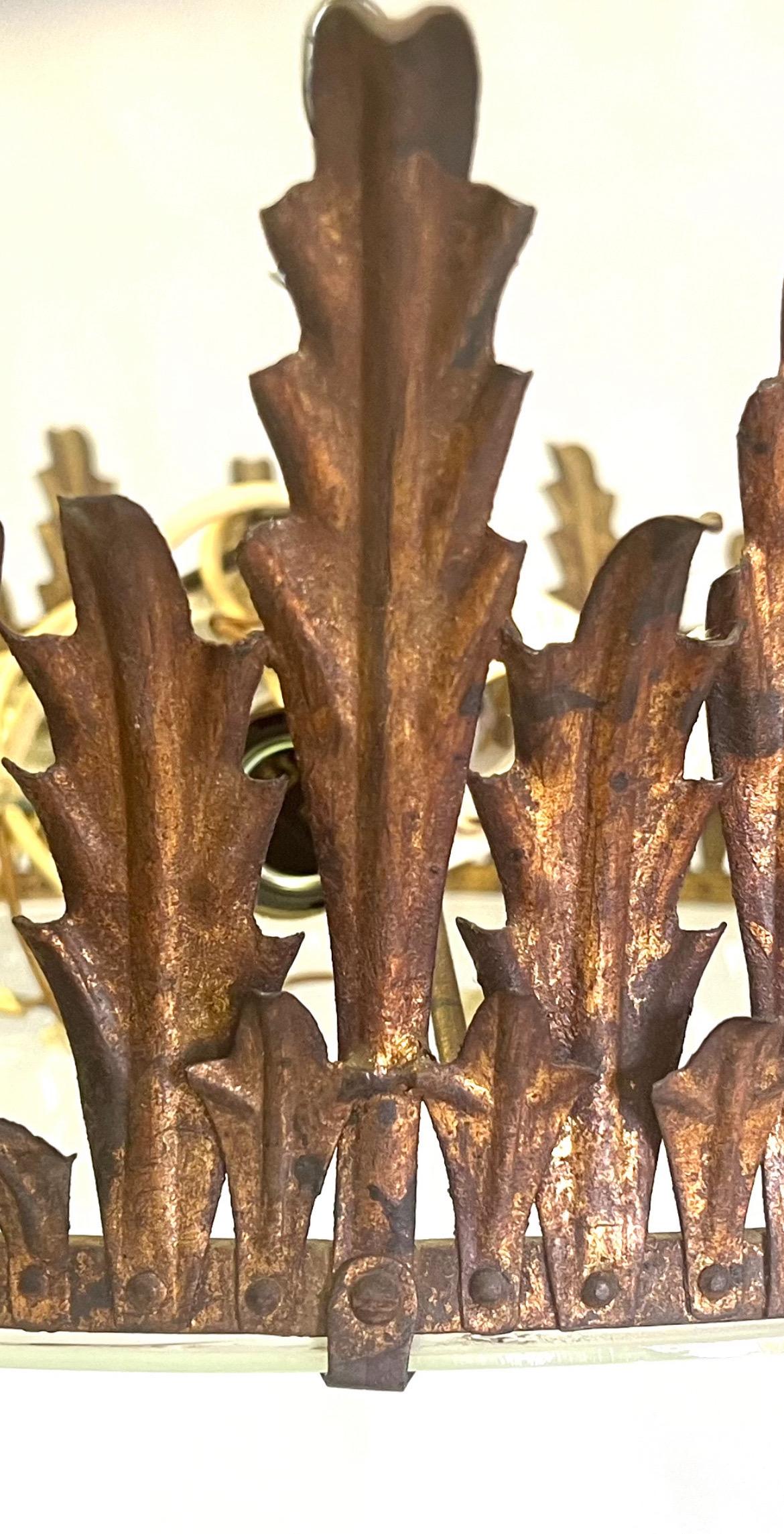 Large French Mid-Century Gilt Iron Crown / Sunburst Pendant or Flush Mount For Sale 4