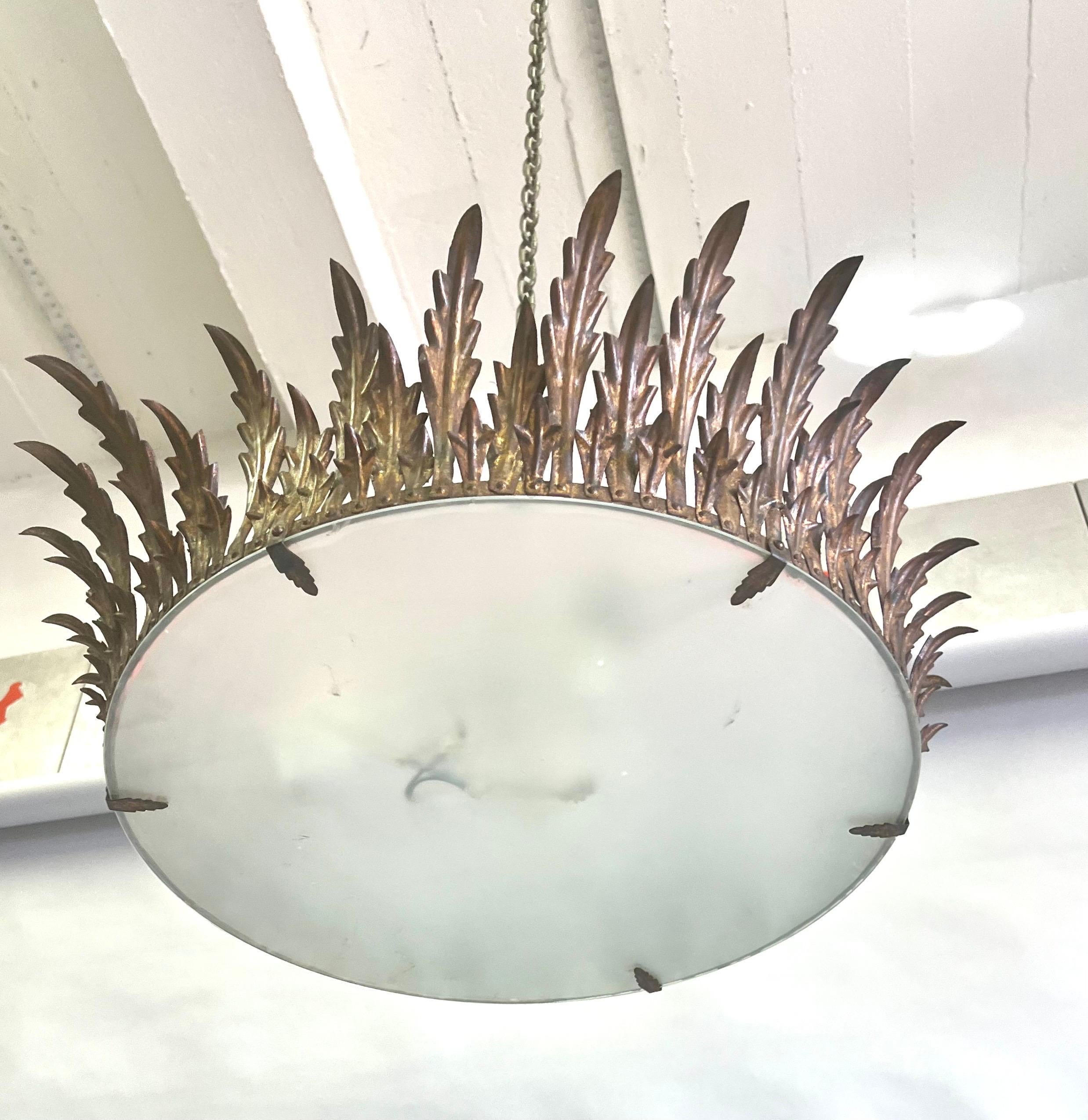 Mid-Century Modern Large French Mid-Century Gilt Iron Crown / Sunburst Pendant or Flush Mount For Sale