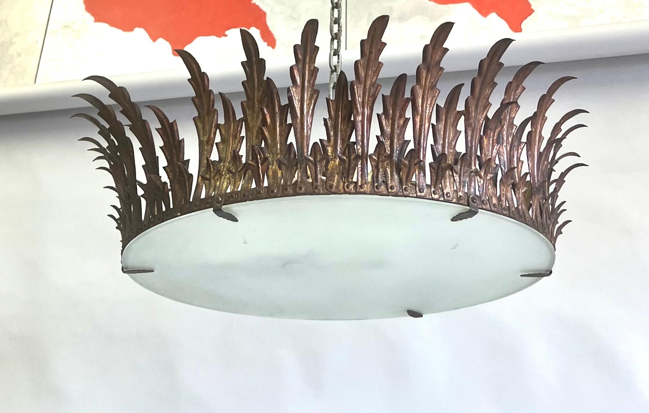 Large French Mid-Century Gilt Iron Crown / Sunburst Pendant or Flush Mount In Good Condition For Sale In New York, NY
