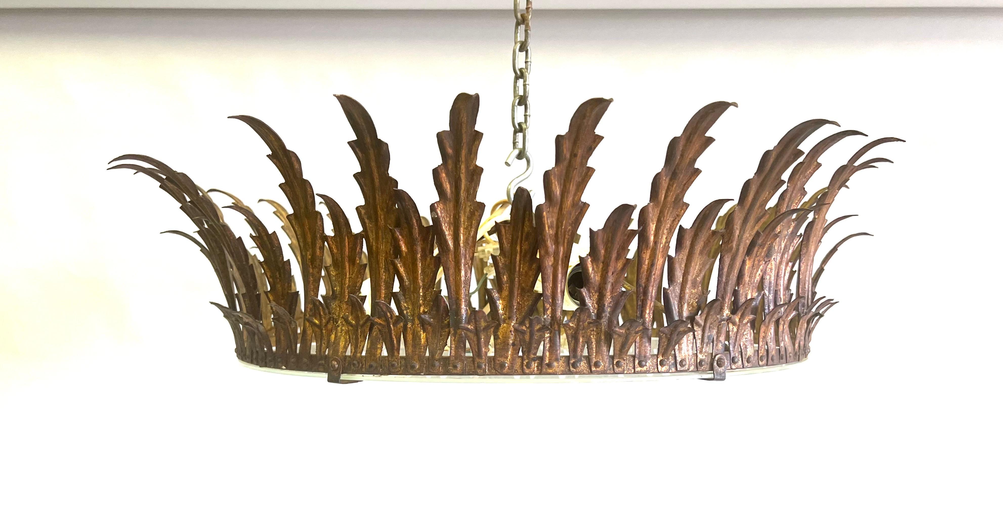 20th Century Large French Mid-Century Gilt Iron Crown / Sunburst Pendant or Flush Mount For Sale