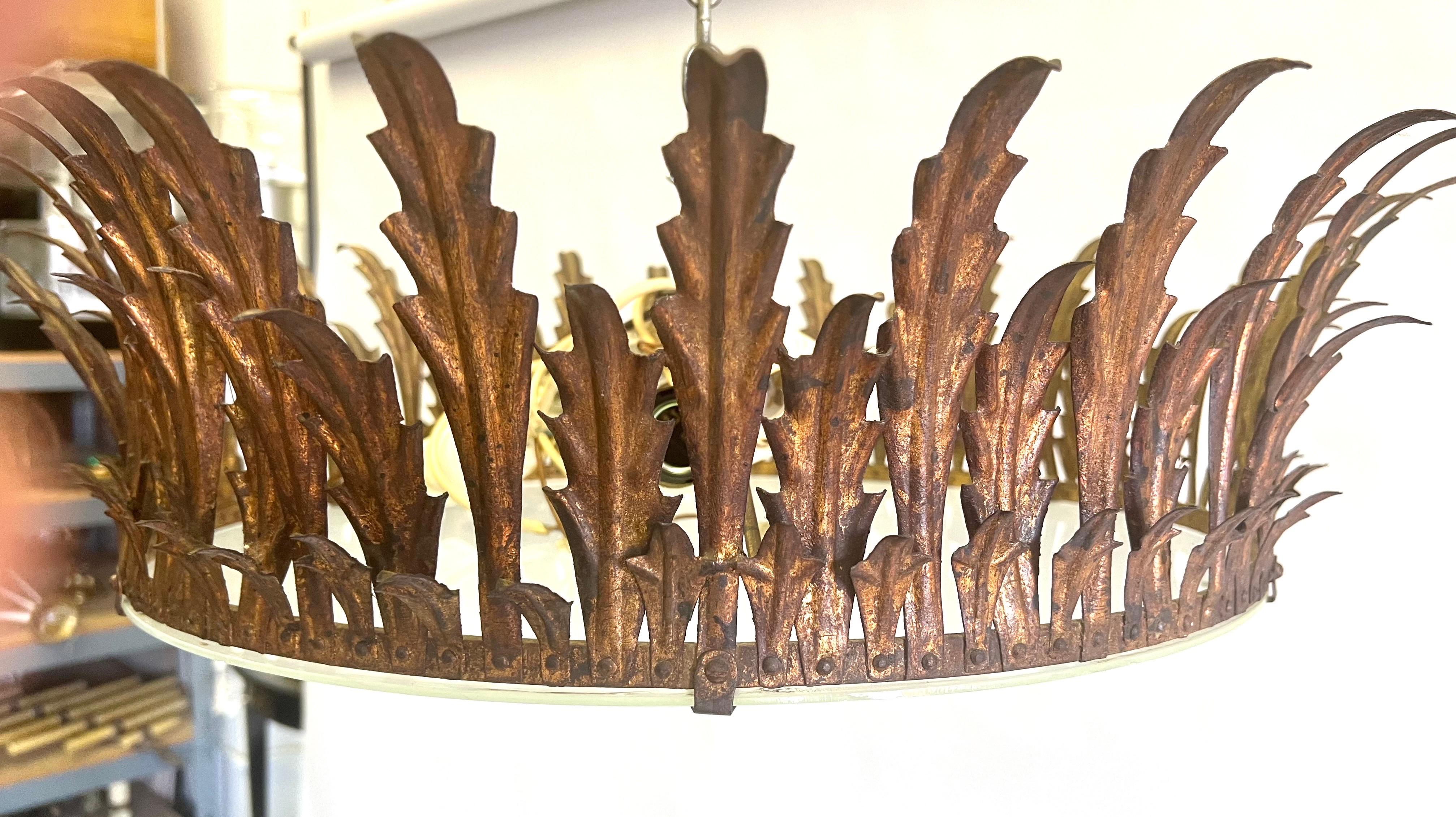 Wrought Iron Large French Mid-Century Gilt Iron Crown / Sunburst Pendant or Flush Mount For Sale