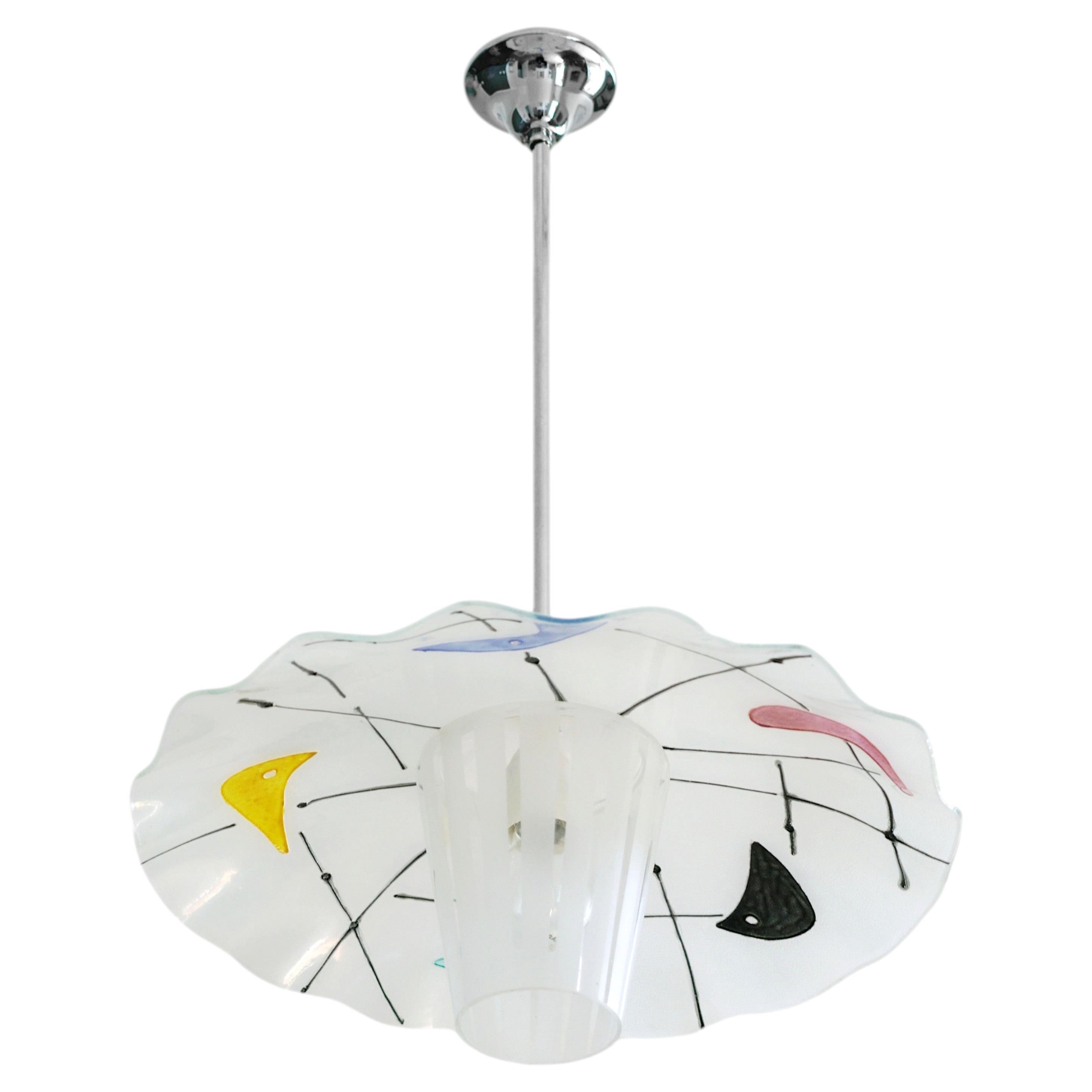 Large French Mid-Century Glass & Chrome Pendant Chandelier 1950, Adjustable Drop
