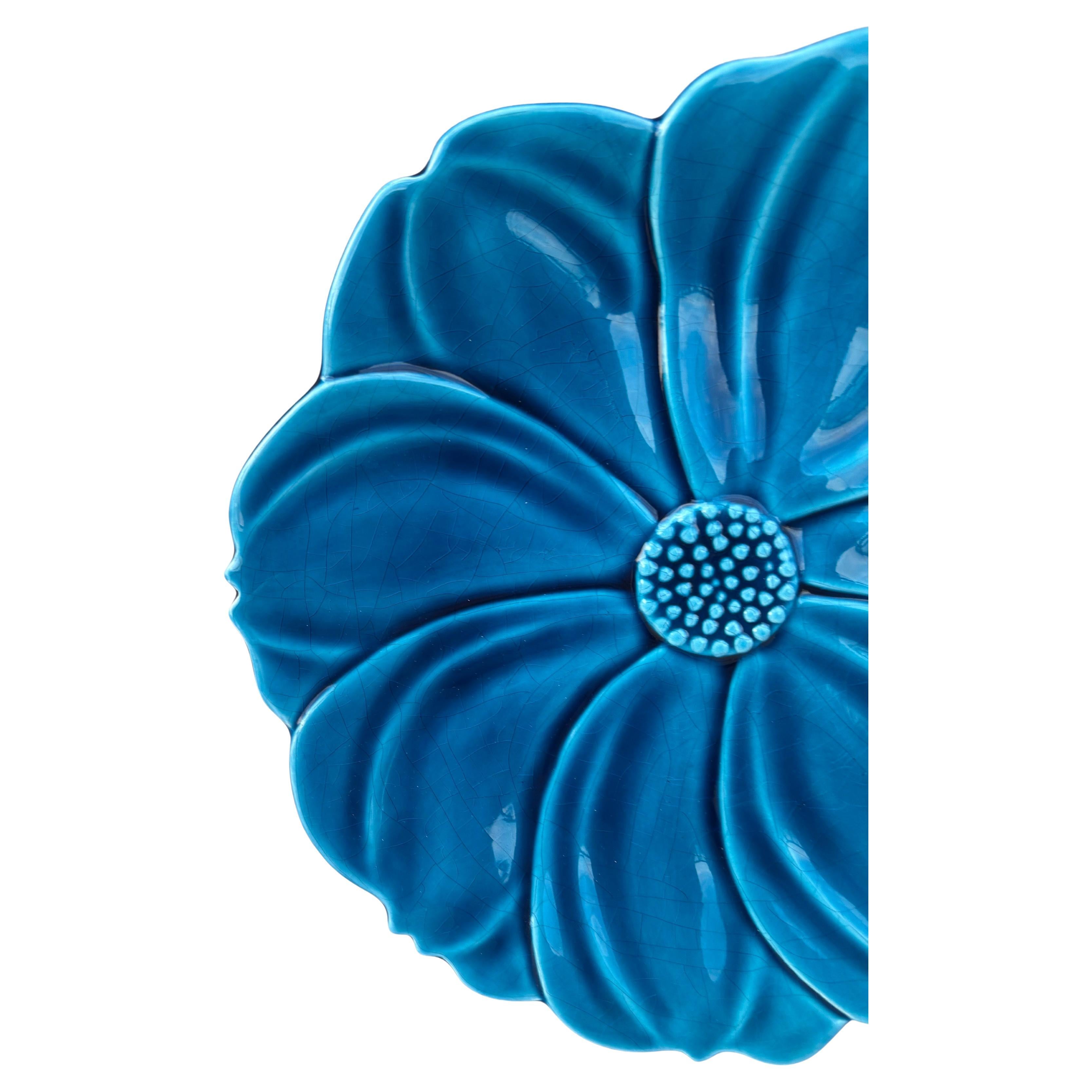 Mid-Century Modern Large French Mid-Century  Majolica Blue Flower Platter Charolles For Sale