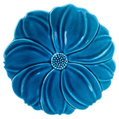 Large French Mid-Century  Majolica Blue Flower Platter Charolles