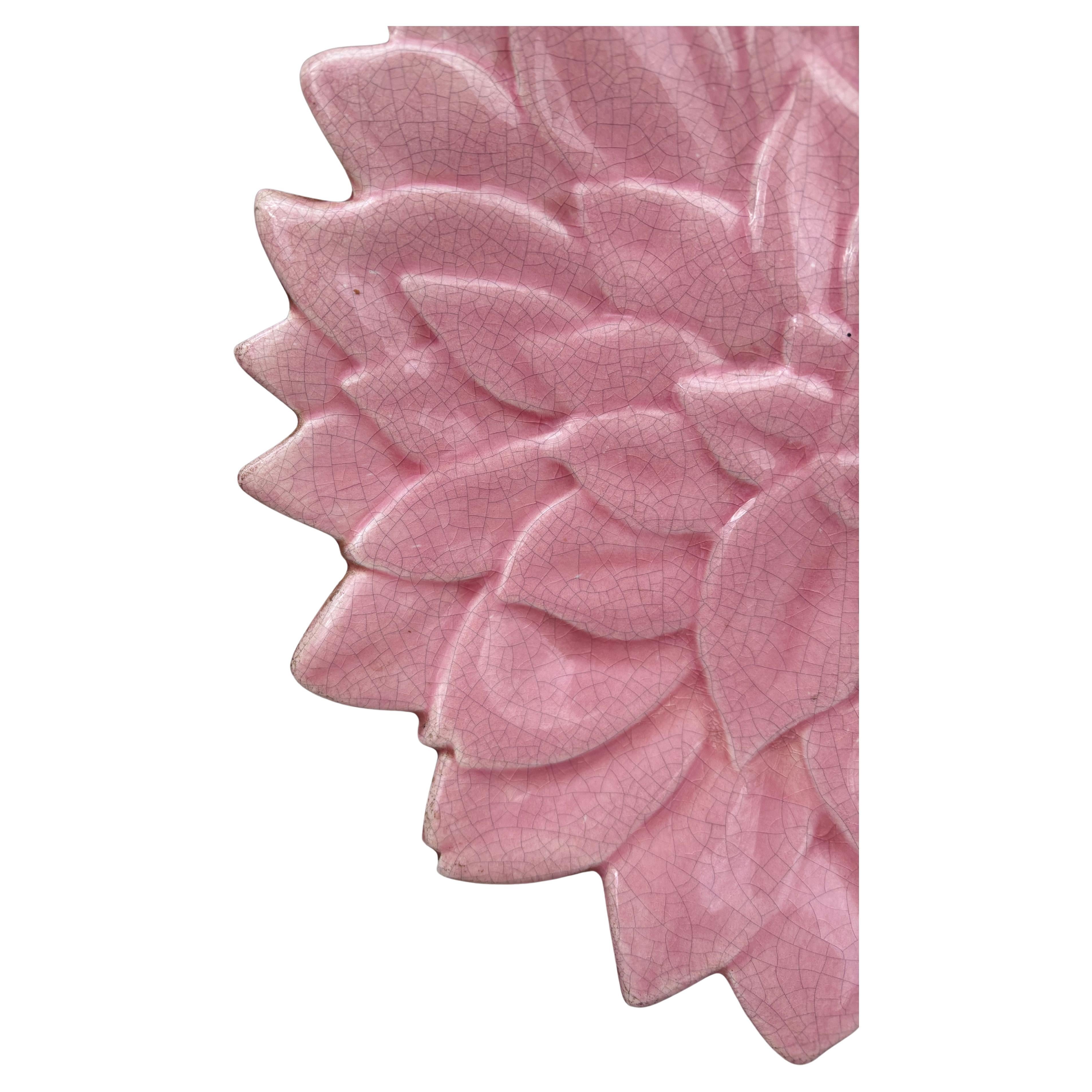 Mid-Century Modern Large French Mid-Century Majolica Pink Flower Platter For Sale
